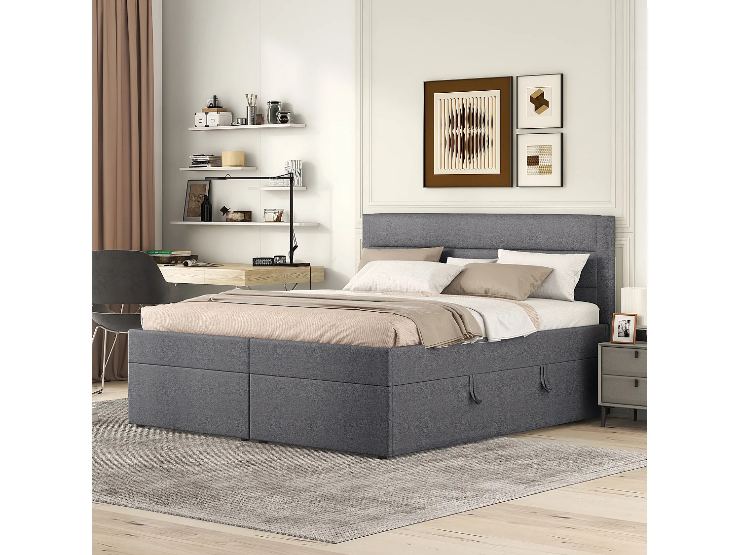 140 x 200 cm Stauraumbett mit Kopfteil - Beidseitige Öffnung - Leinenstoff - Beige