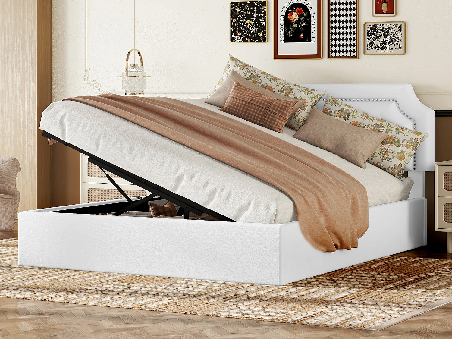 Cama de arrumação 160 x 200 cm com cabeceira quadrada - Couro PU - Abertura lateral - Branco