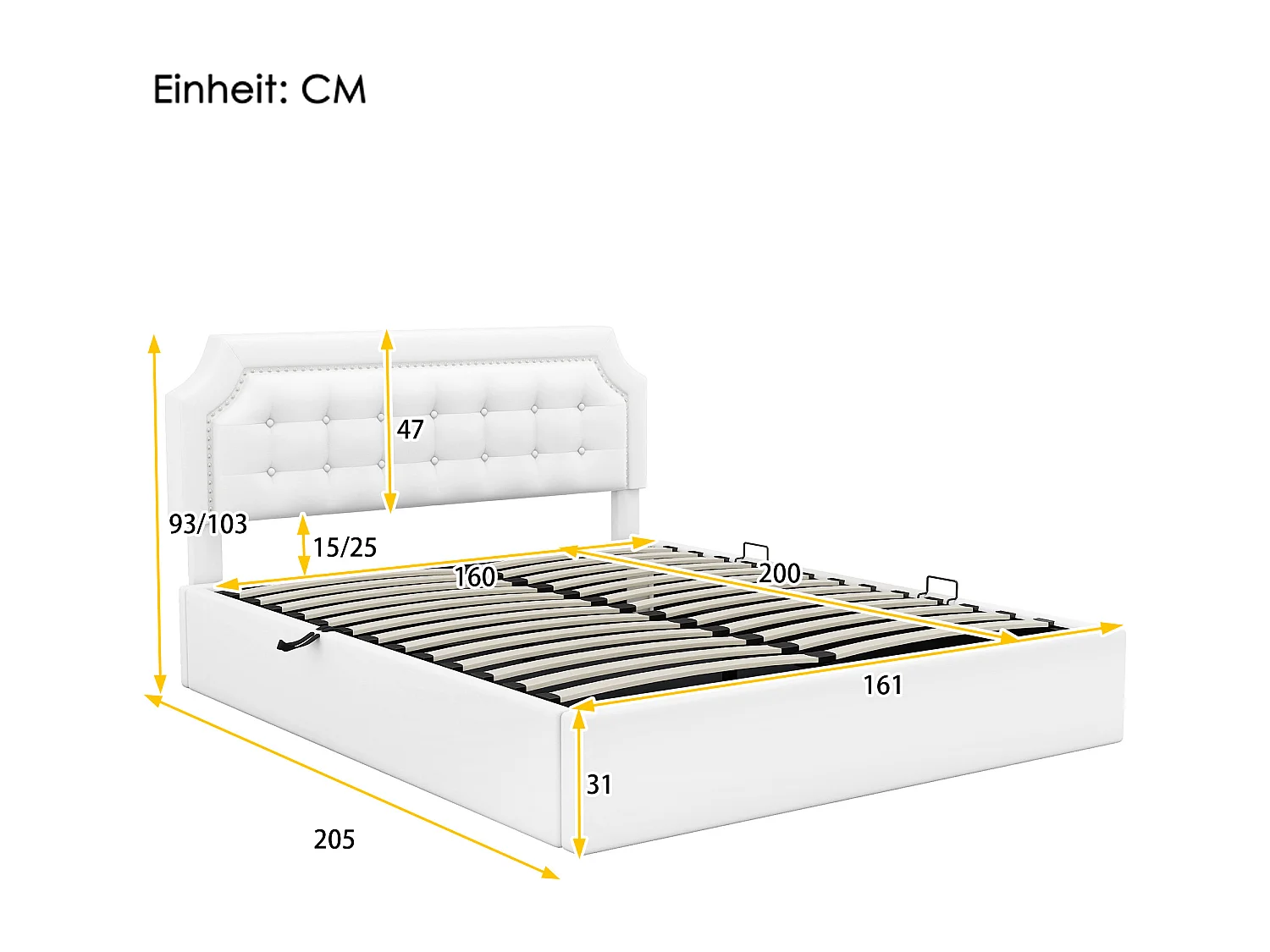 Cama de arrumação 160 x 200 cm com cabeceira quadrada - Couro PU - Abertura lateral - Branco