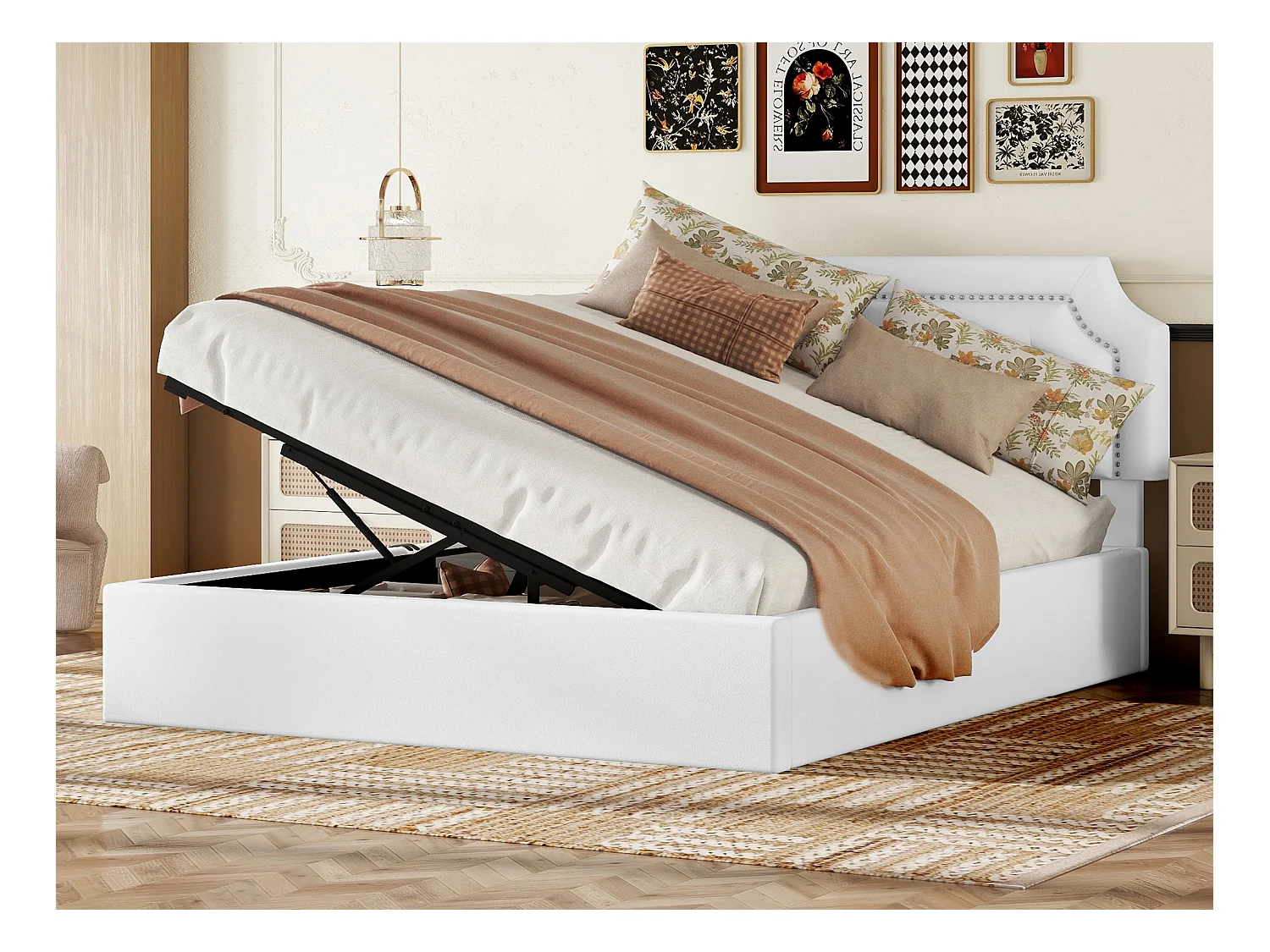 Opbergbed 160 x 200 cm met hoofdeinde met vierkant patroon - PU-leer - Zijopening - Wit