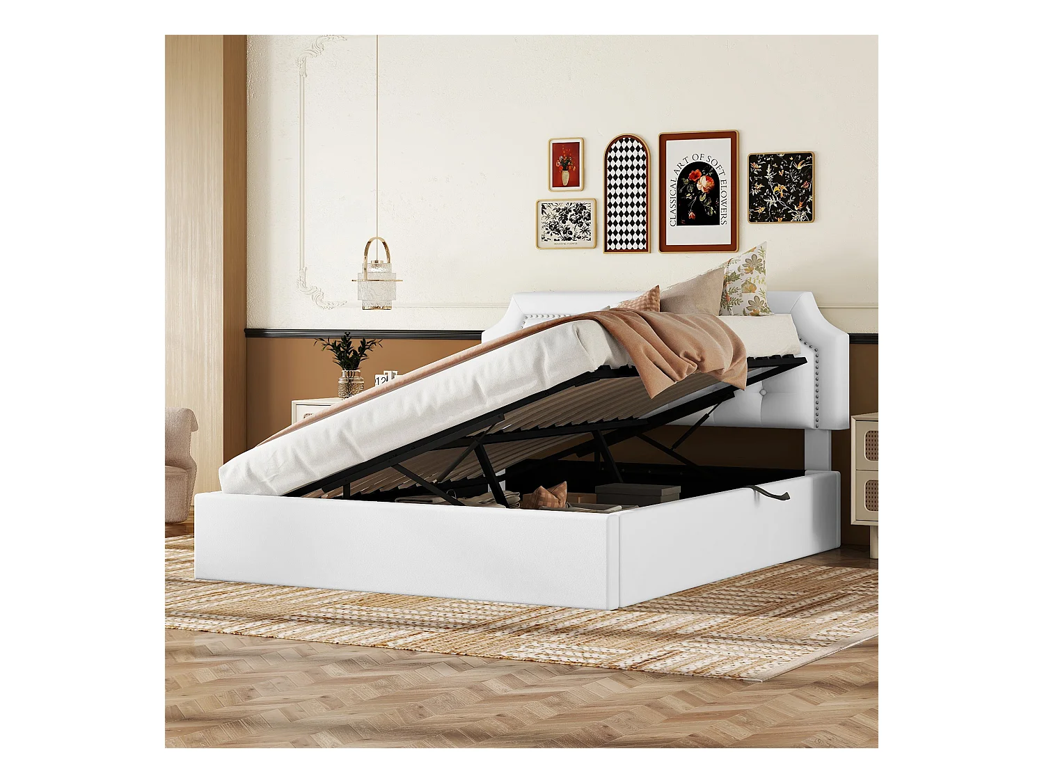 Lit coffre 160 x 200 cm avec tête de lit à motif carré - Cuir PU - Ouverture latérale - Blanc