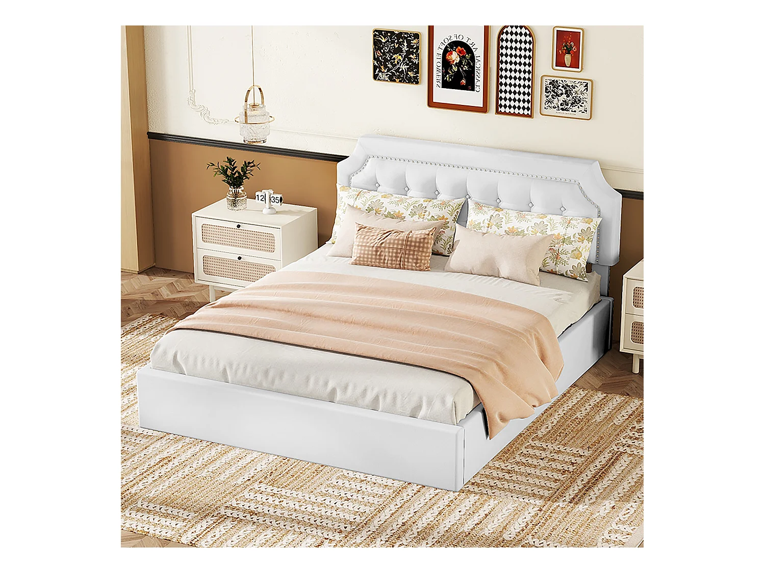 Lit coffre 160 x 200 cm avec tête de lit à motif carré - Cuir PU - Ouverture latérale - Blanc