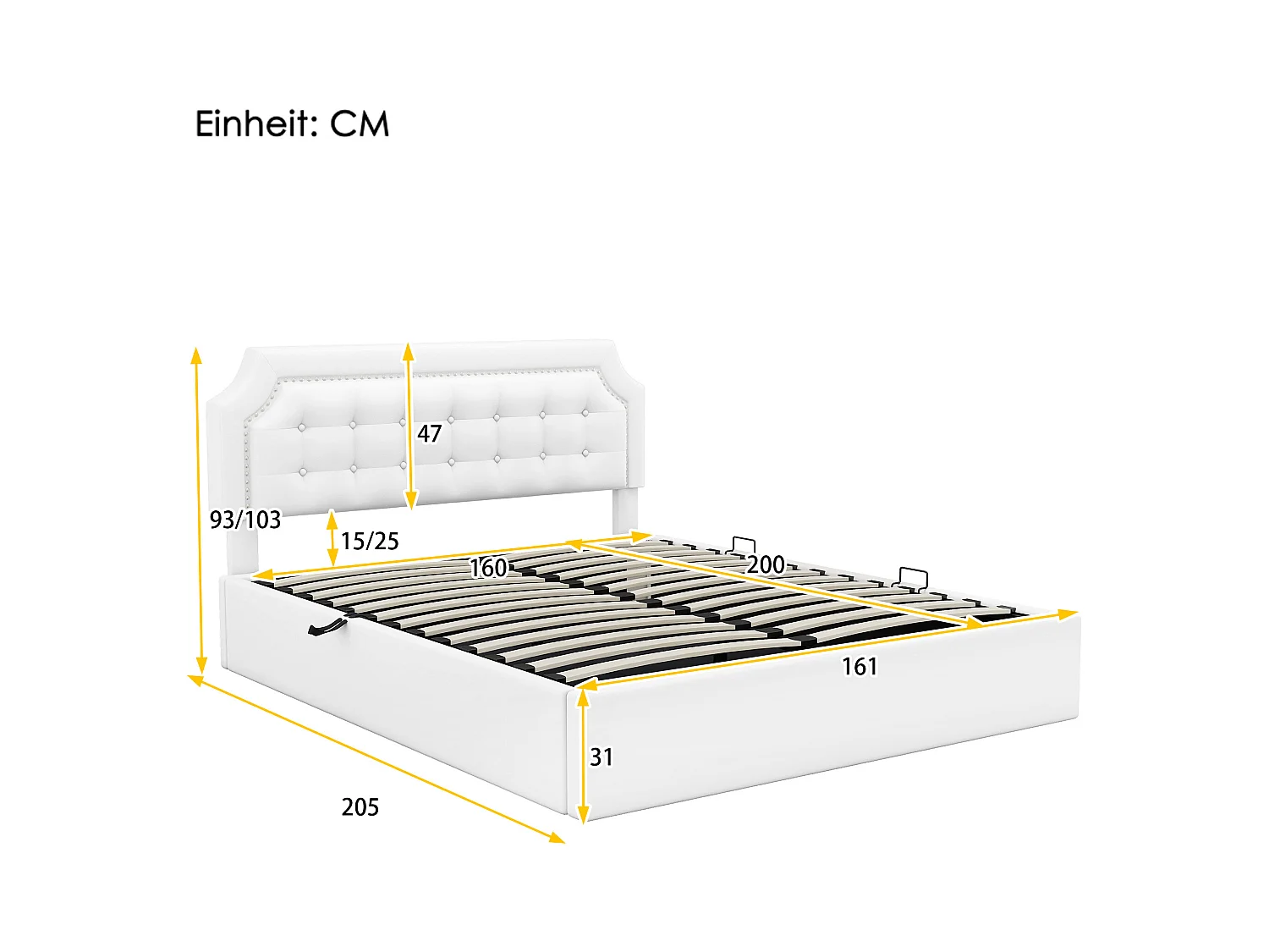 Lit coffre 160 x 200 cm avec tête de lit à motif carré - Cuir PU - Ouverture latérale - Blanc