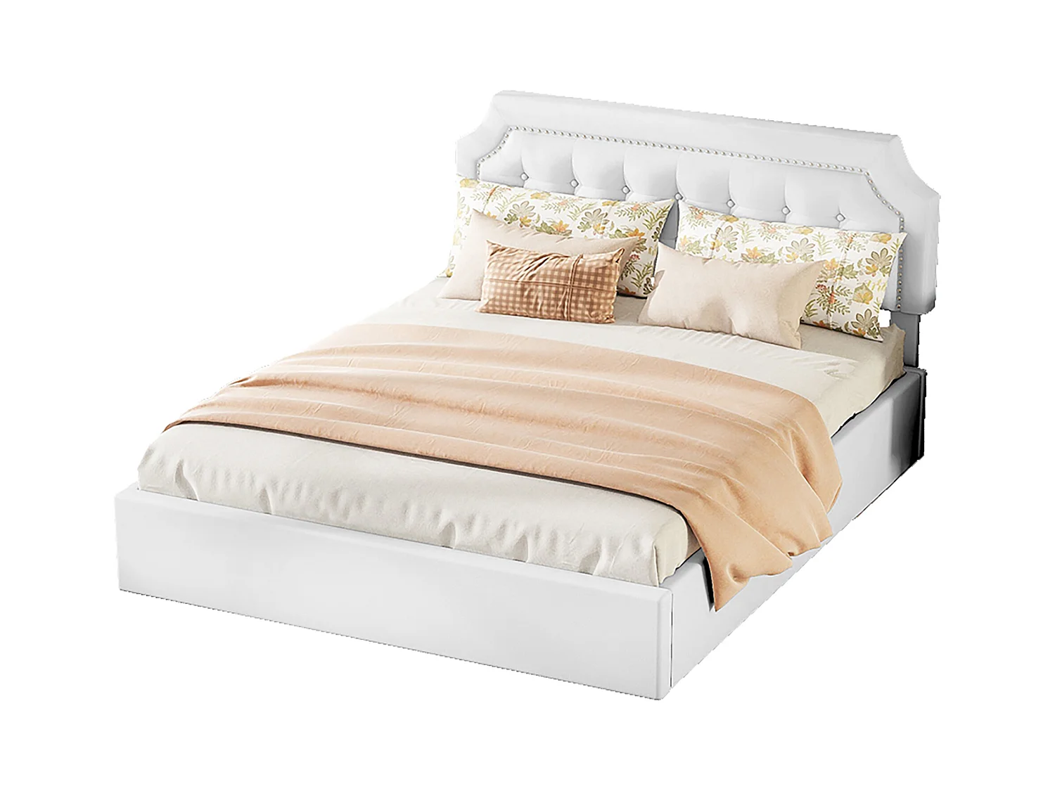 Lit coffre 160 x 200 cm avec tête de lit à motif carré - Cuir PU - Ouverture latérale - Blanc