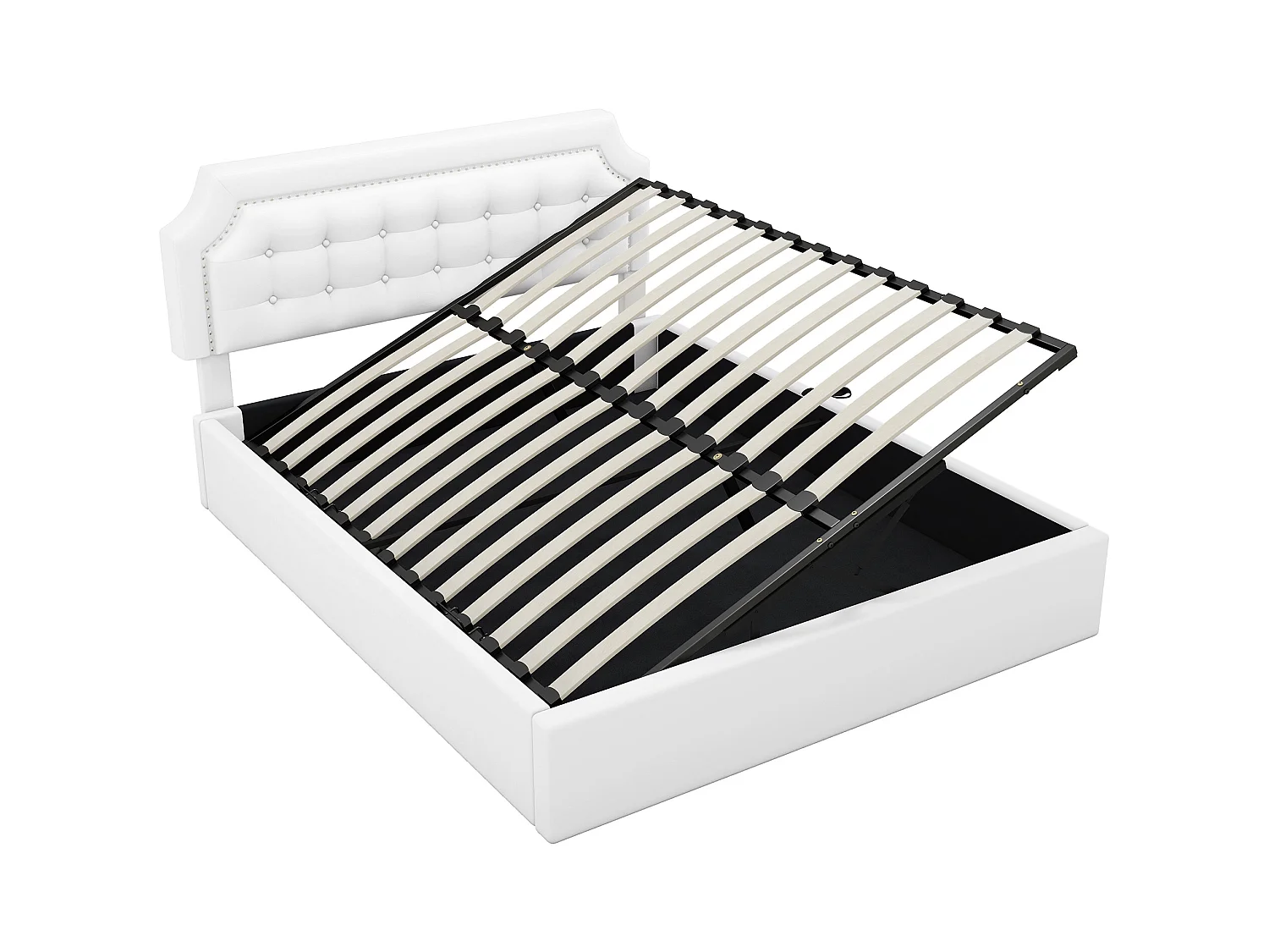 Lit coffre 160 x 200 cm avec tête de lit à motif carré - Cuir PU - Ouverture latérale - Blanc