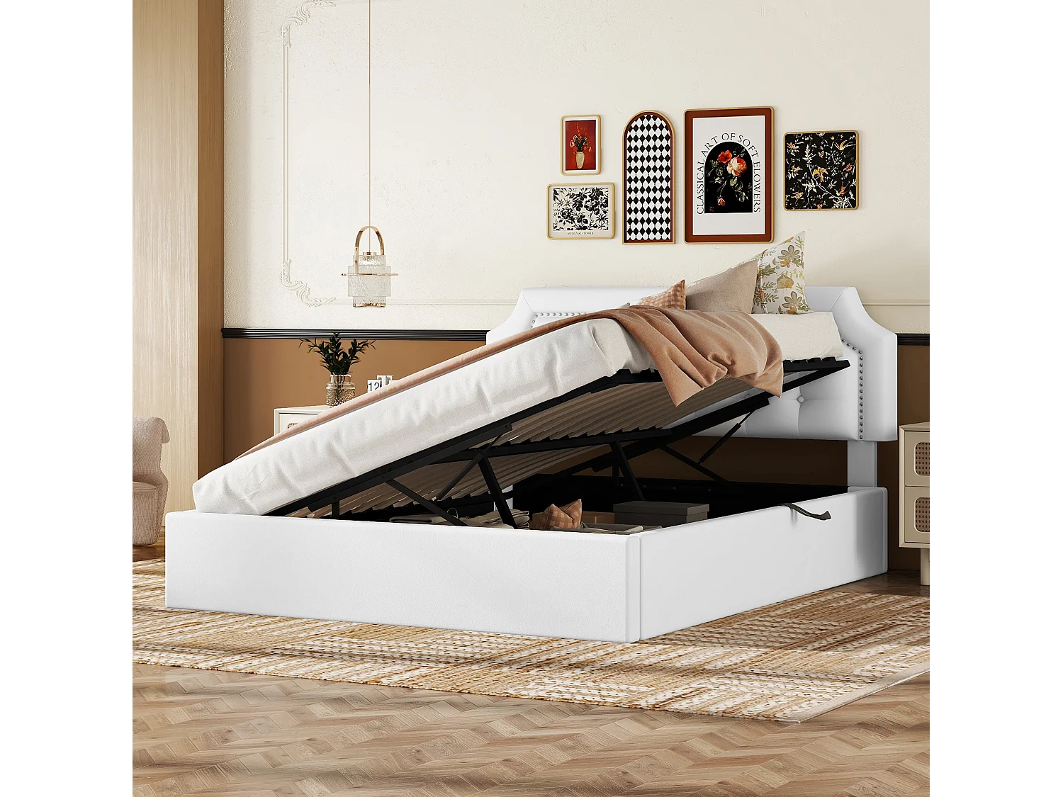 Opbergbed 160 x 200 cm met hoofdeinde met vierkant patroon - PU-leer - Zijopening - Wit