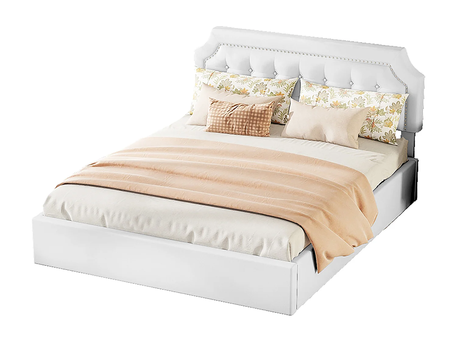 Opbergbed 160 x 200 cm met hoofdeinde met vierkant patroon - PU-leer - Zijopening - Wit