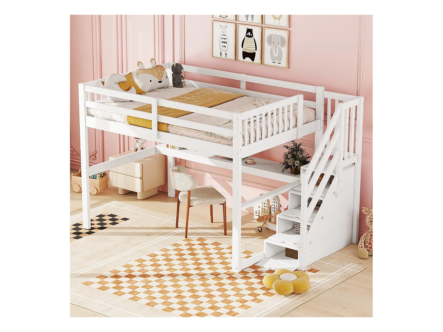 Kinderhoogslaper 140 x 200 cm met 4 opberglades en bureau, grenenhout, wit