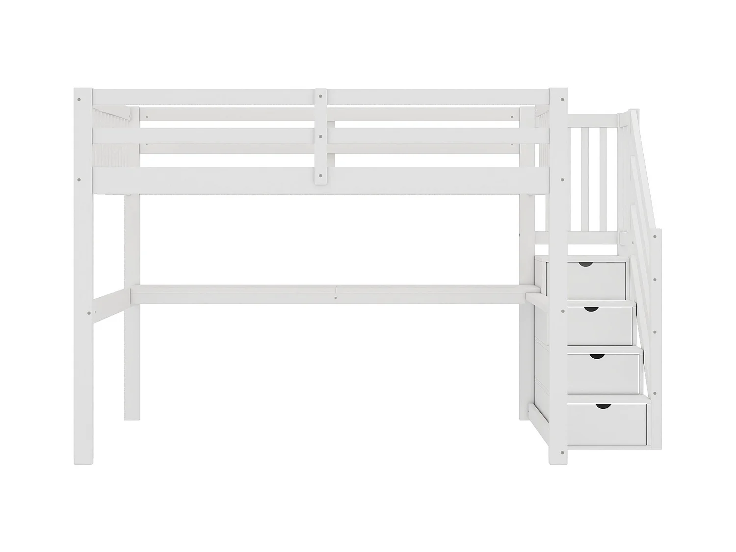Kinderhoogslaper 140 x 200 cm met 4 opberglades en bureau, grenenhout, wit