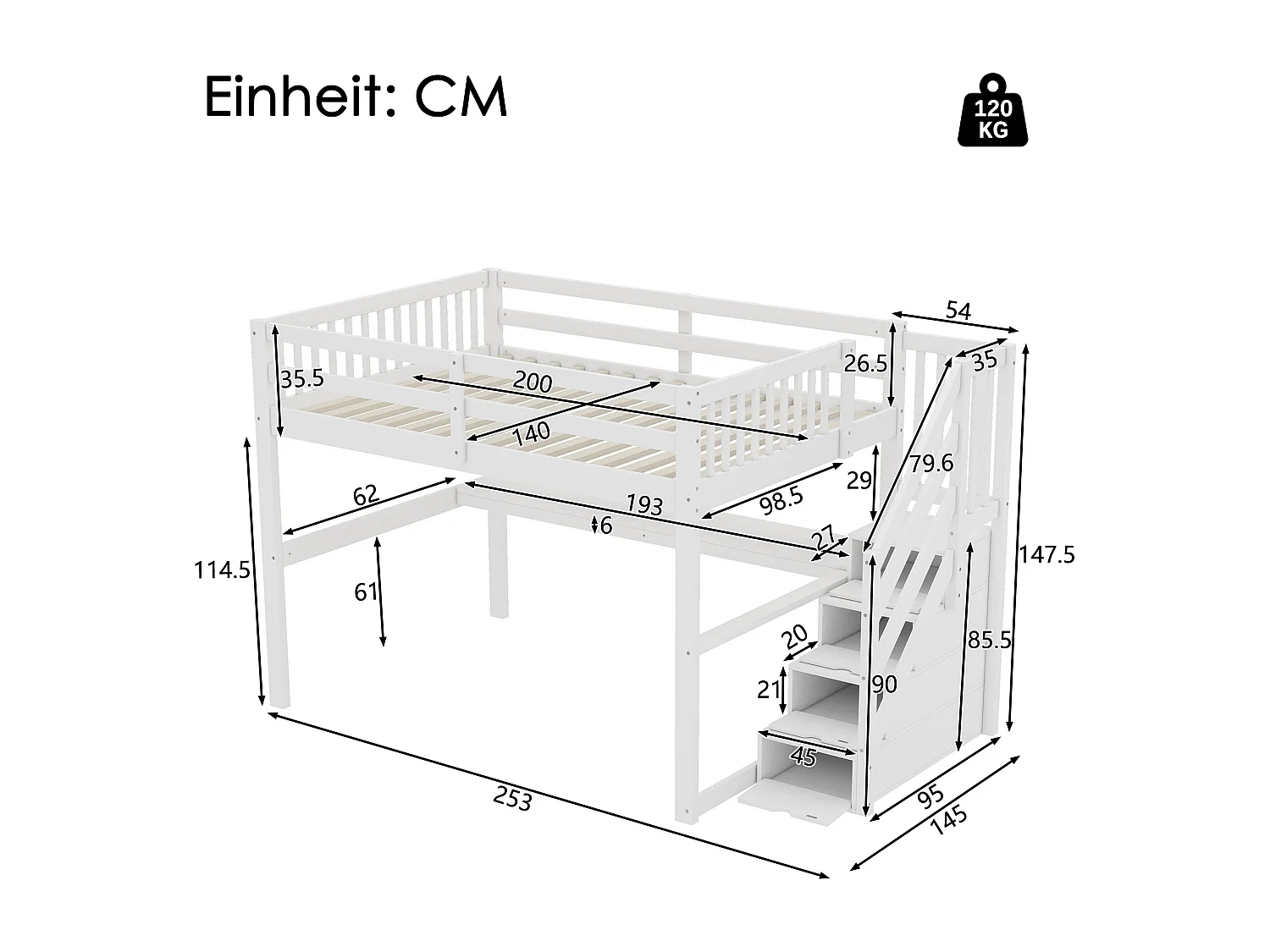 Kinderhochbett 140 x 200 cm mit 4 Schubladen und Schreibtisch, Kiefernholz, Weiß