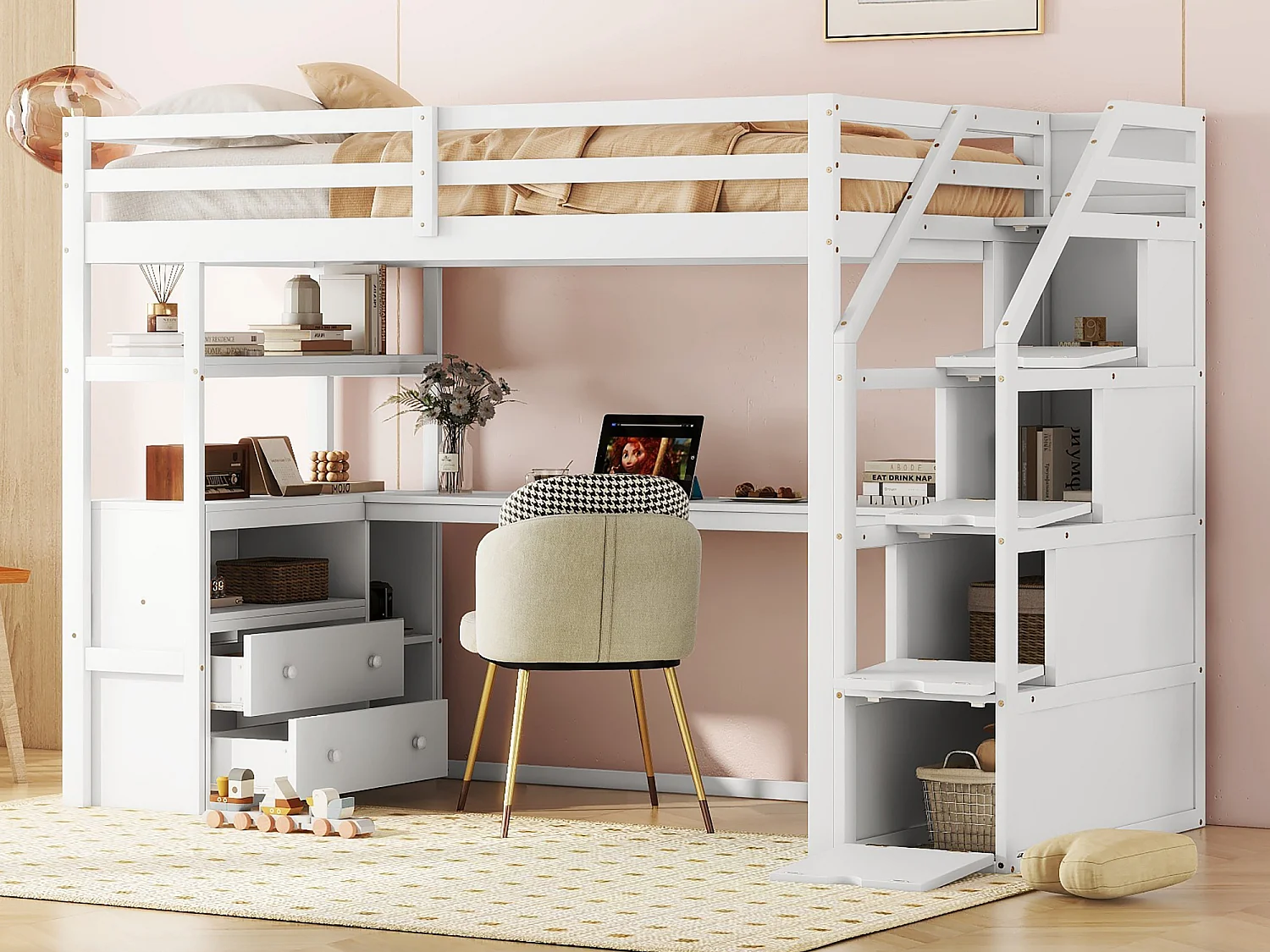 Łóżko antresola 90 x 200 cm z biurkiem, 2 szufladami, 3 wnękami i półkami, drabinką do przechowywania, drewno sosnowe, białe