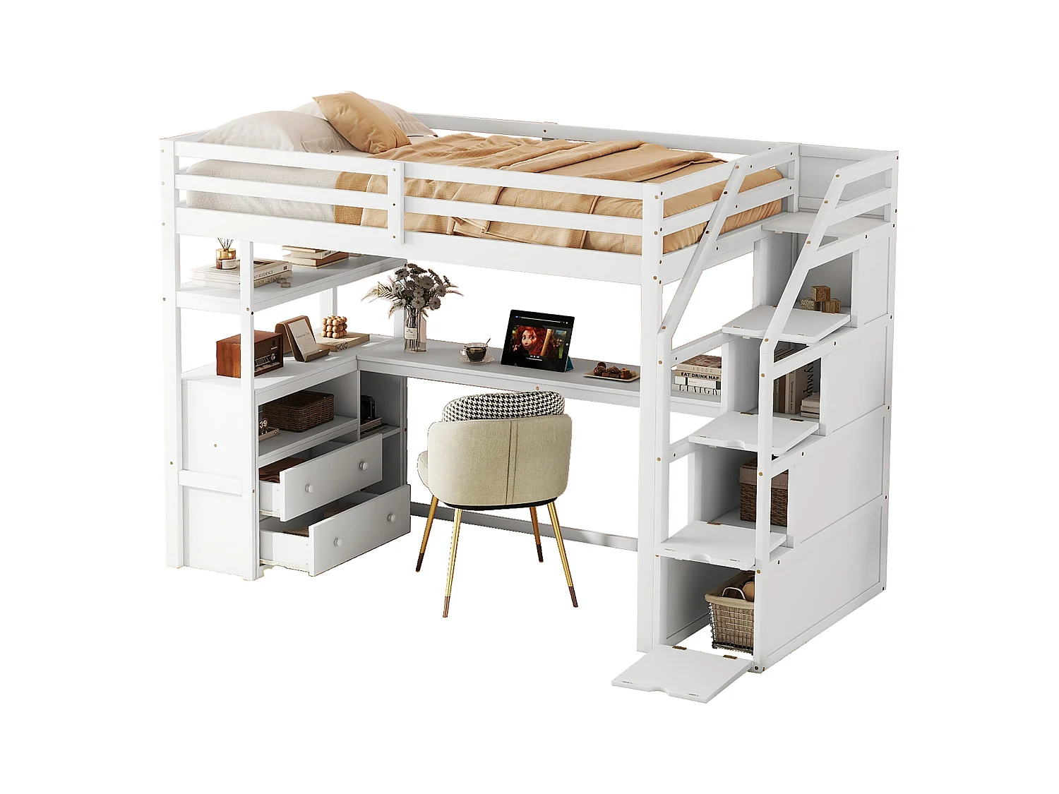 Łóżko antresola 90 x 200 cm z biurkiem, 2 szufladami, 3 wnękami i półkami, drabinką do przechowywania, drewno sosnowe, białe