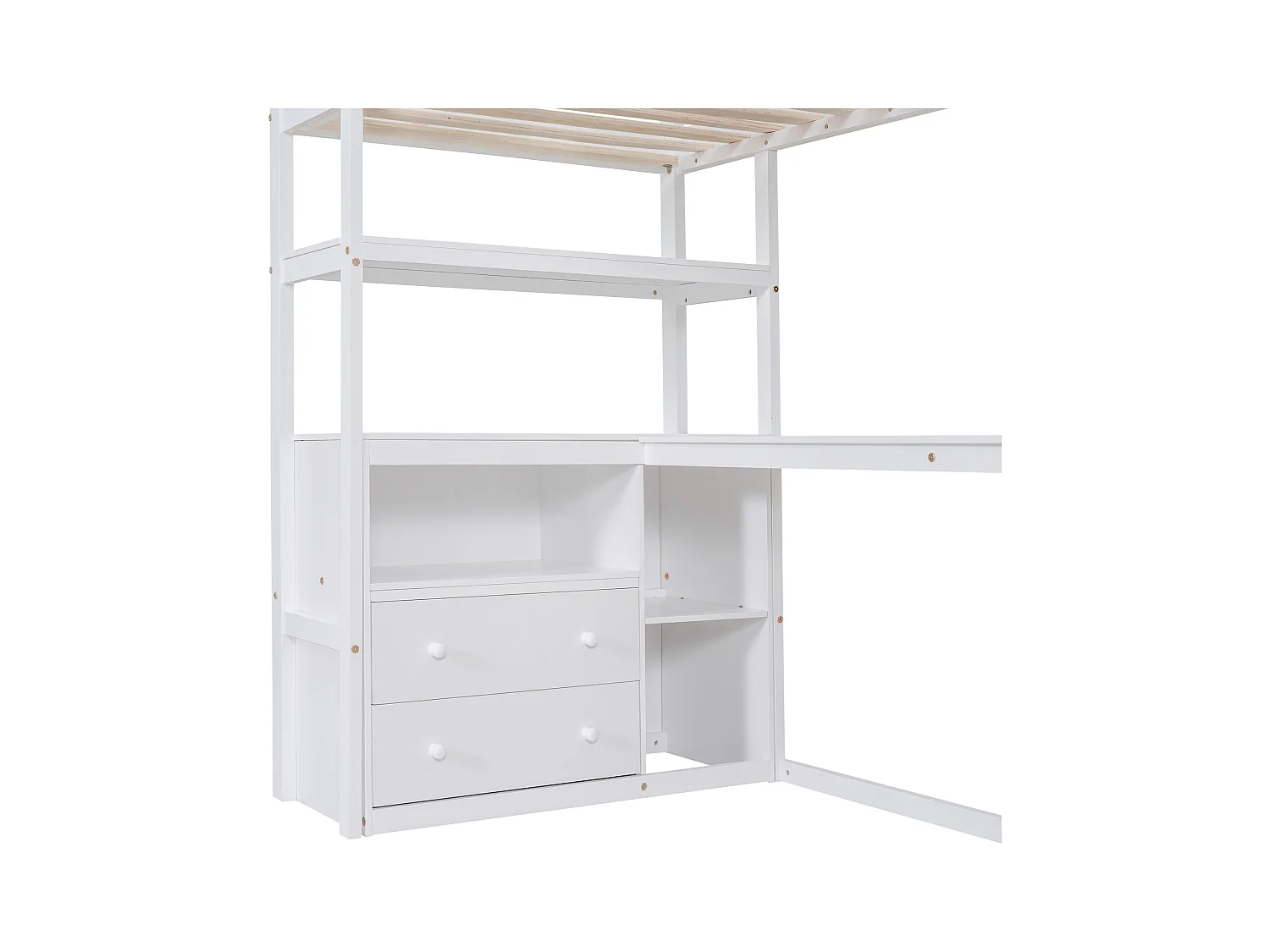 Łóżko antresola 90 x 200 cm z biurkiem, 2 szufladami, 3 wnękami i półkami, drabinką do przechowywania, drewno sosnowe, białe