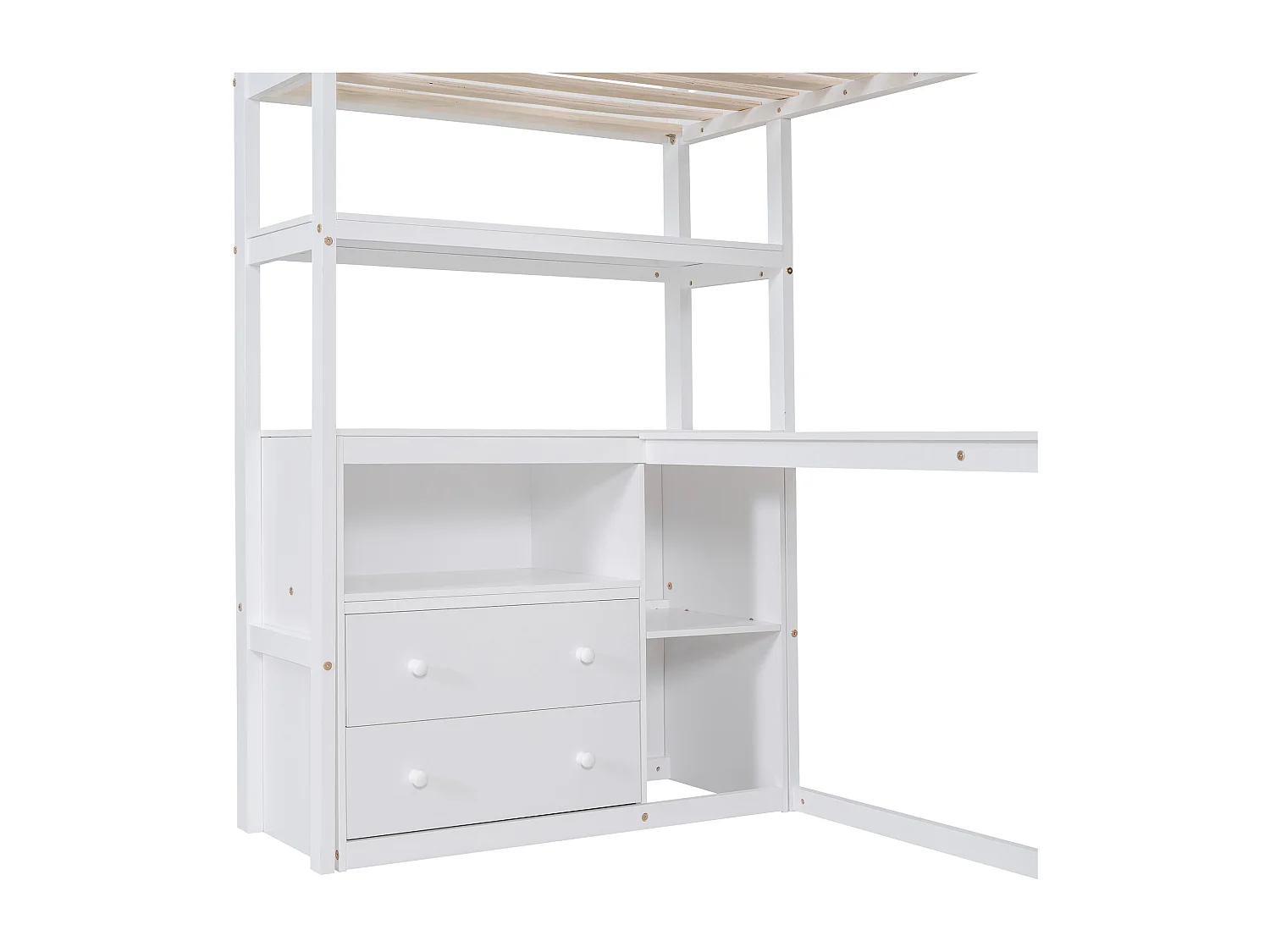 Lit mezzanine 90 x 200 cm avec bureau, 2 tiroirs, 3 niches & étagères, échelle de rangement, bois de pin, blanc