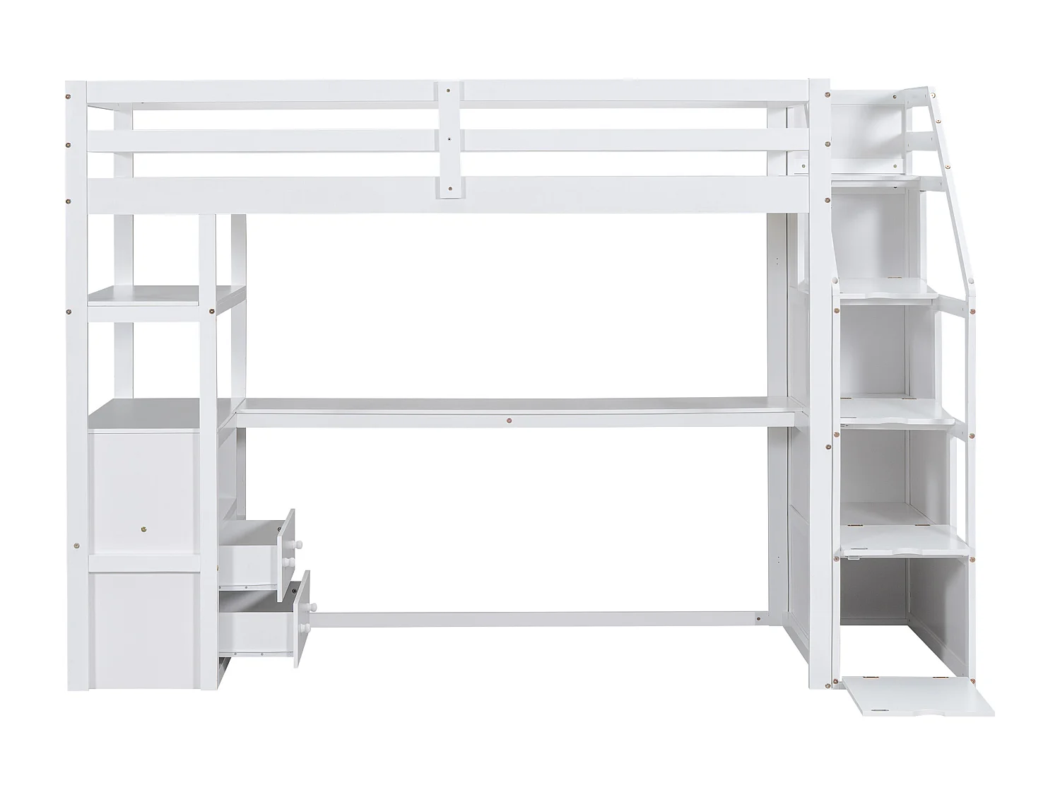 Lit mezzanine 90 x 200 cm avec bureau, 2 tiroirs, 3 niches & étagères, échelle de rangement, bois de pin, blanc