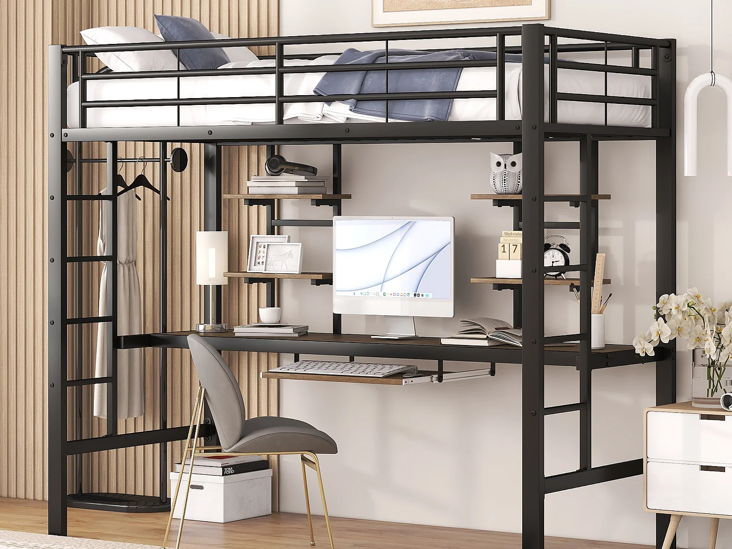 Hoogslaper 90 x 200 cm met bureau en 2 planken voor kinderen - metaal en hout - zwart + eiken