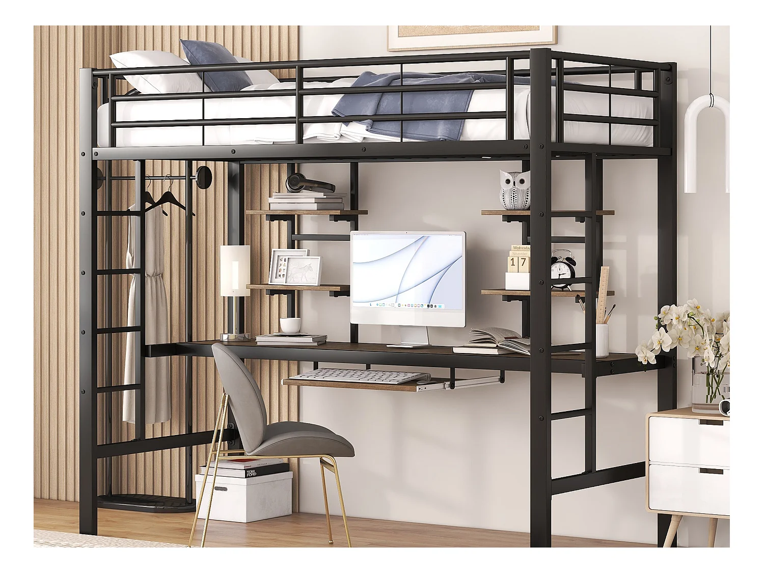Lit mezzanine 90 x 200 cm avec bureau et 2 étagères pour enfants - métal et bois - noir + chêne