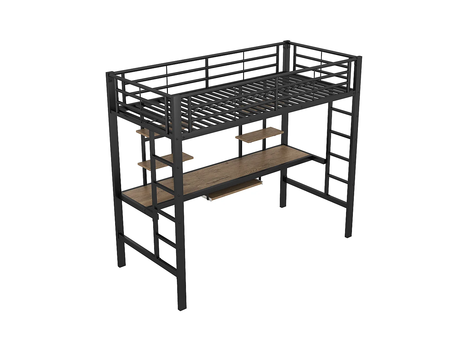 Hochbett 90 x 200 cm mit Schreibtisch und 2 Regalen für Kinder – Metall und Holz – Schwarz + Eiche