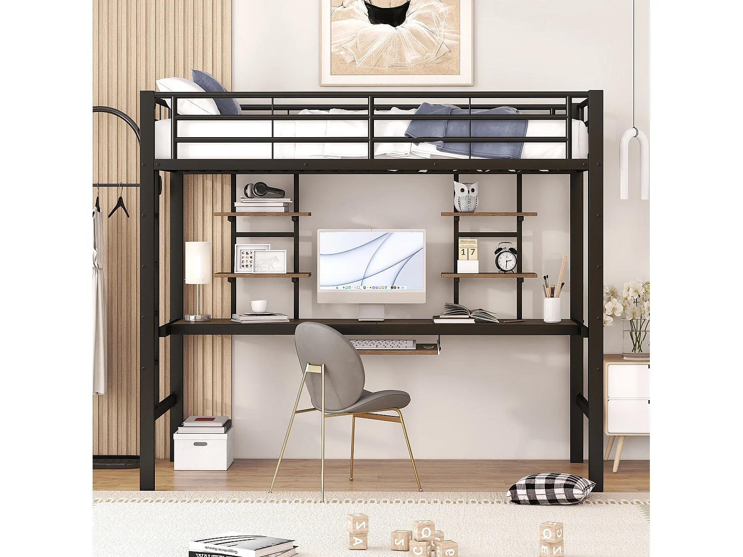 Lit mezzanine 90 x 200 cm avec bureau et 2 étagères pour enfants - métal et bois - noir + chêne
