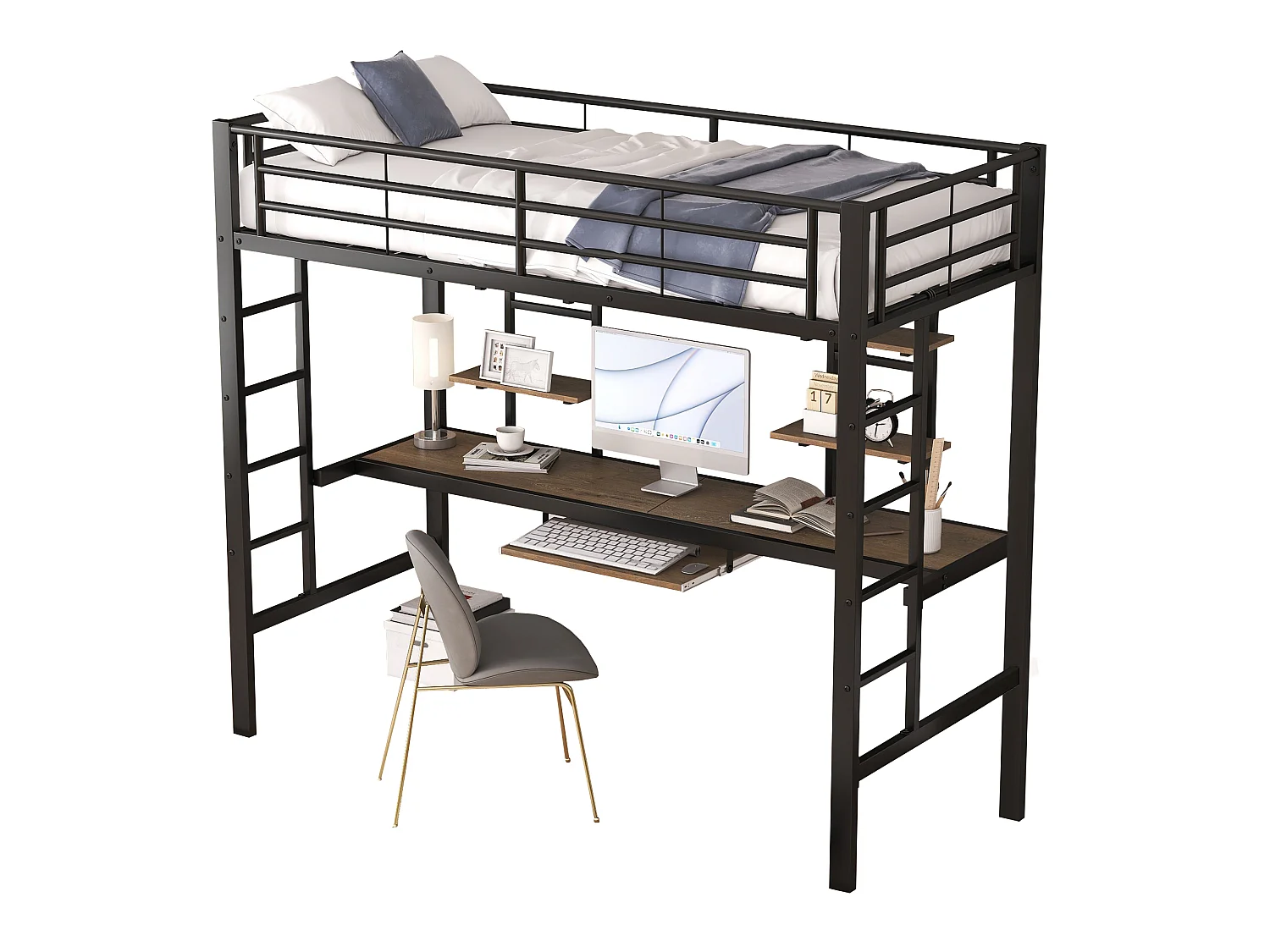 Lit mezzanine 90 x 200 cm avec bureau et 2 étagères pour enfants - métal et bois - noir + chêne