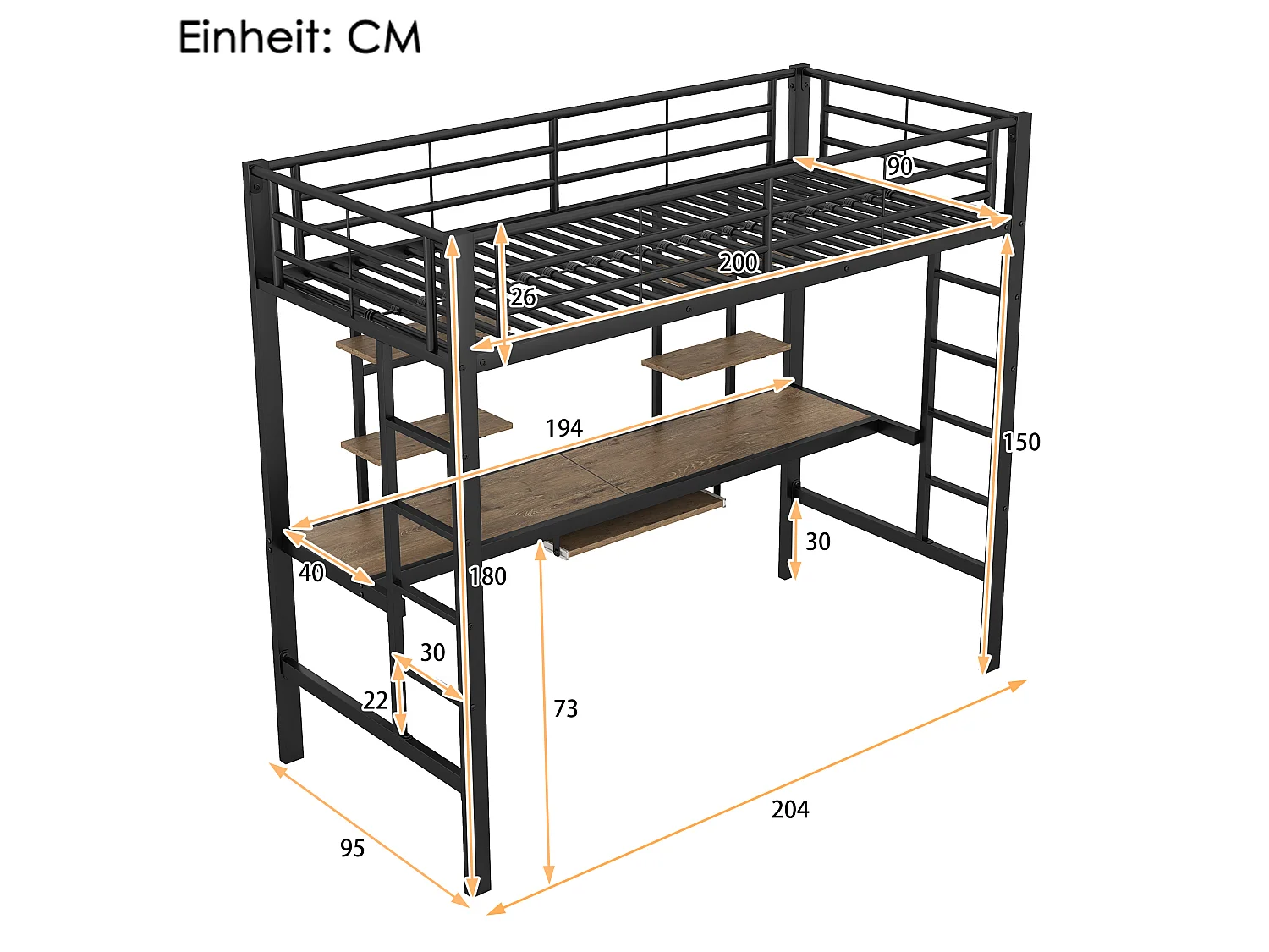 Lit mezzanine 90 x 200 cm avec bureau et 2 étagères pour enfants - métal et bois - noir + chêne