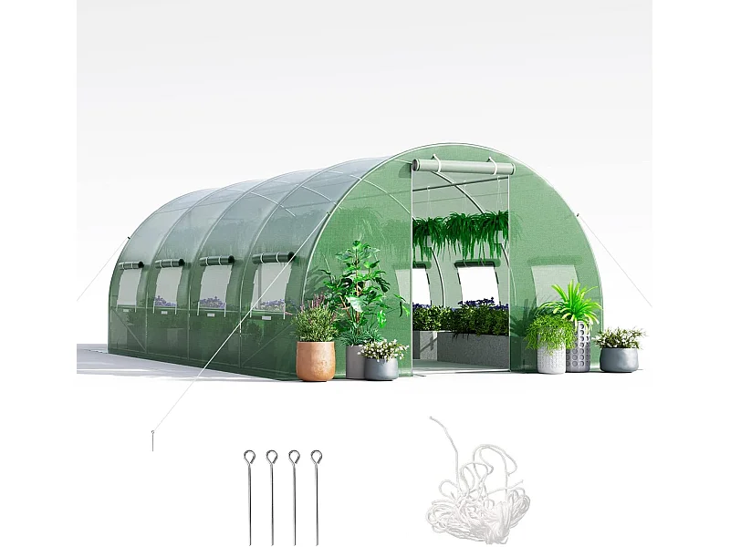 Serre de Jardin Tunnel 600x300x200 CM Cadre en Acier Galvanisé Robuste, Serre Tunnel Coupe-Vent avec Cerceau 8 Fenêtres Enroulables 2 Portes Zippées