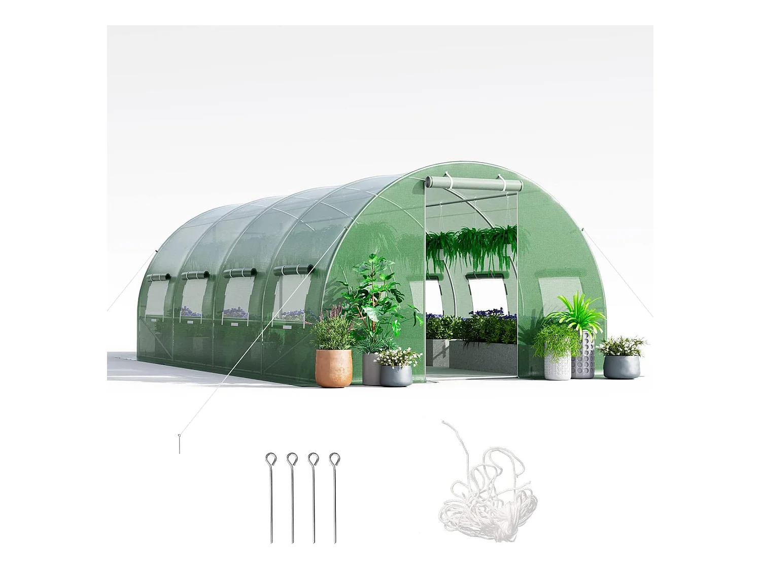 Serre de Jardin Tunnel 600x300x200 CM Cadre en Acier Galvanisé Robuste, Serre Tunnel Coupe-Vent avec Cerceau 8 Fenêtres Enroulables 2 Portes Zippées