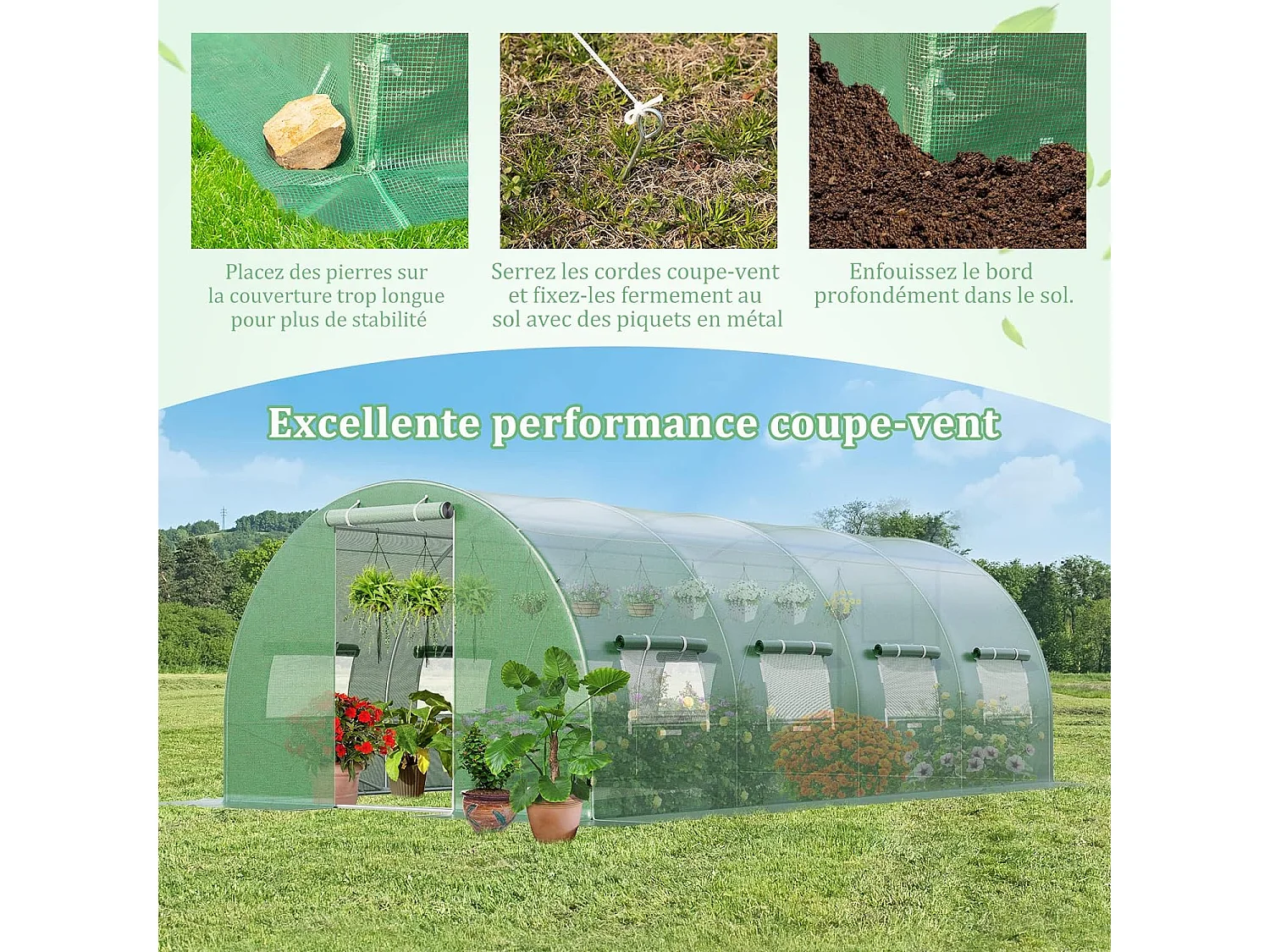 Serre de Jardin Tunnel 600x300x200 CM Cadre en Acier Galvanisé Robuste, Serre Tunnel Coupe-Vent avec Cerceau 8 Fenêtres Enroulables 2 Portes Zippées