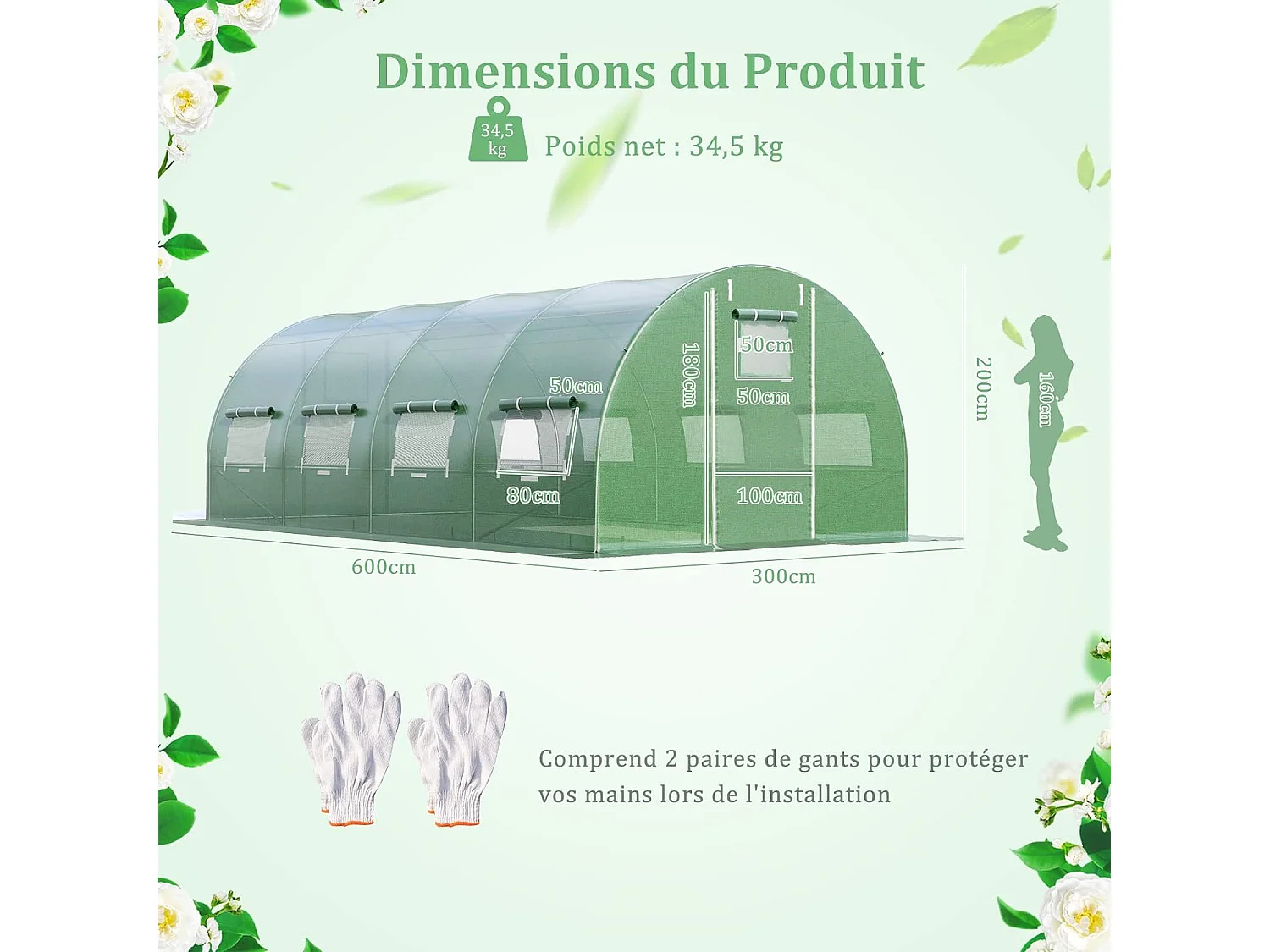 Serre de Jardin Tunnel 600x300x200 CM Cadre en Acier Galvanisé Robuste, Serre Tunnel Coupe-Vent avec Cerceau 8 Fenêtres Enroulables 2 Portes Zippées