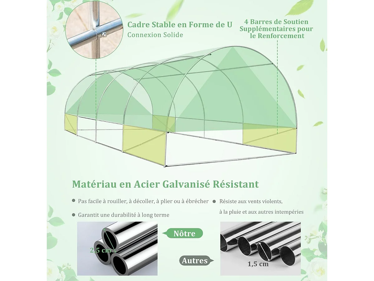 Serre de Jardin Tunnel 600x300x200 CM Cadre en Acier Galvanisé Robuste, Serre Tunnel Coupe-Vent avec Cerceau 8 Fenêtres Enroulables 2 Portes Zippées