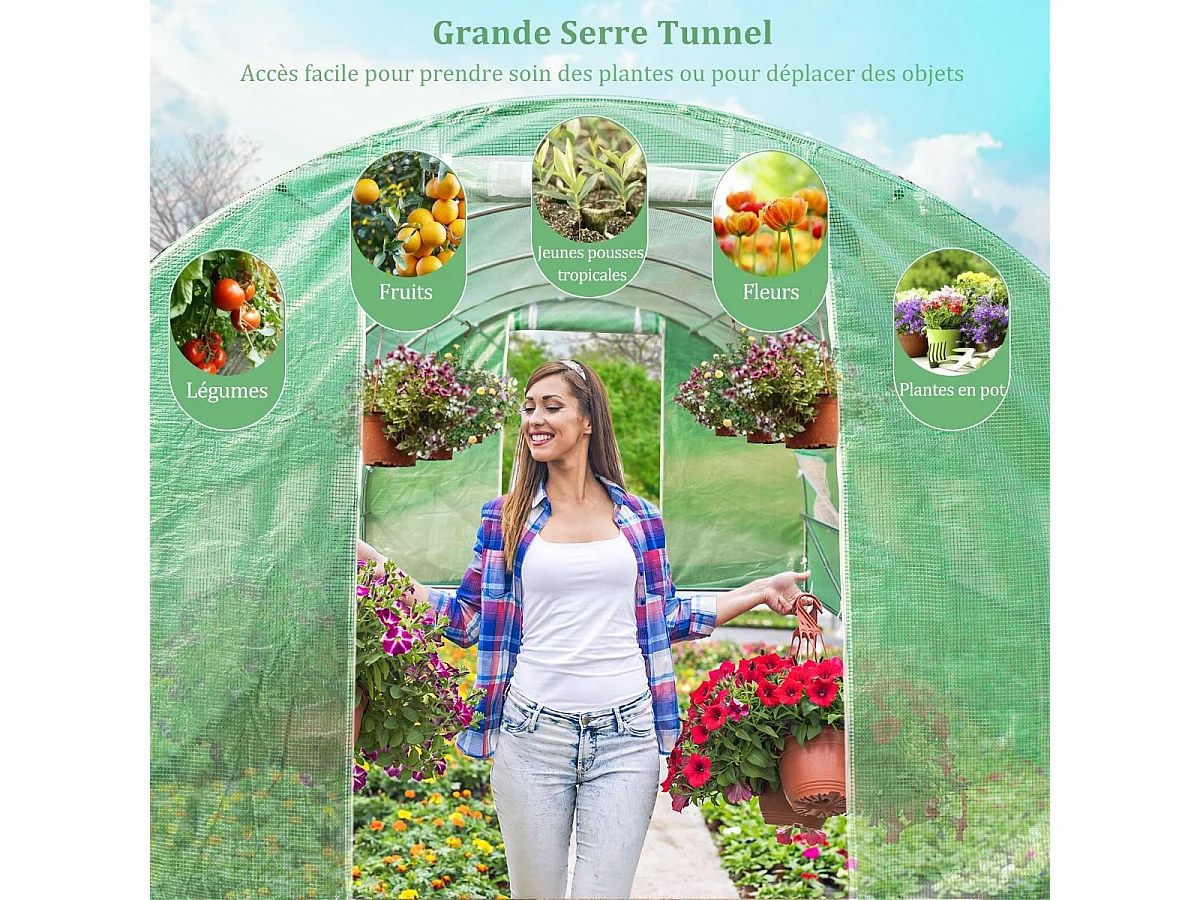Serre de Jardin Tunnel 600x300x200 CM Cadre en Acier Galvanisé Robuste, Serre Tunnel Coupe-Vent avec Cerceau 8 Fenêtres Enroulables 2 Portes Zippées