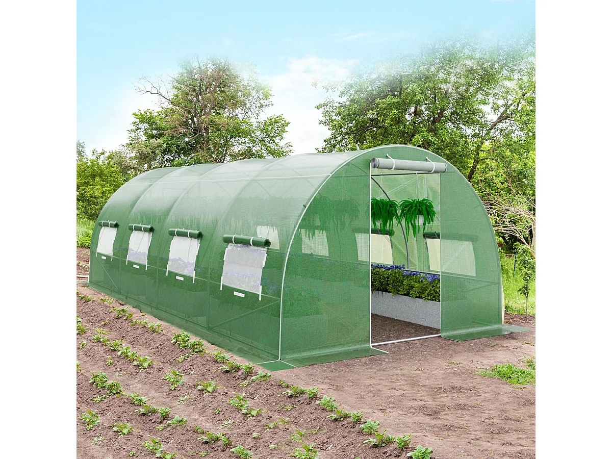 Serre de Jardin Tunnel 600x300x200 CM Cadre en Acier Galvanisé Robuste, Serre Tunnel Coupe-Vent avec Cerceau 8 Fenêtres Enroulables 2 Portes Zippées