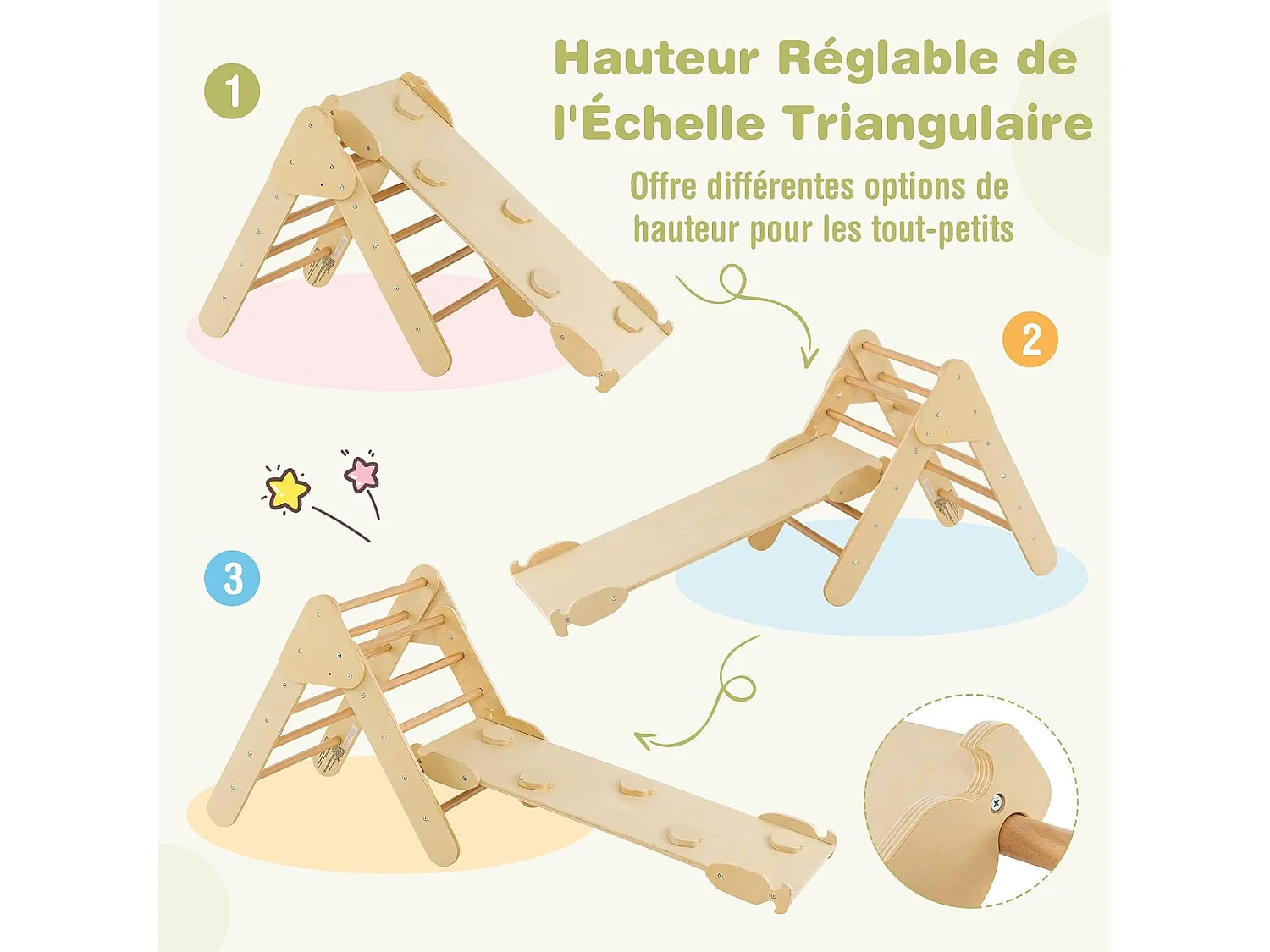 7 en 1 Triangle d'escalade Enfants avec Rampe Réversible, Arc d'escalade ou Bascule en Bois de Hêtre, Charge Max 50KG pour Glisser ou Grimper pour Bébé de 1 an+, Naturel