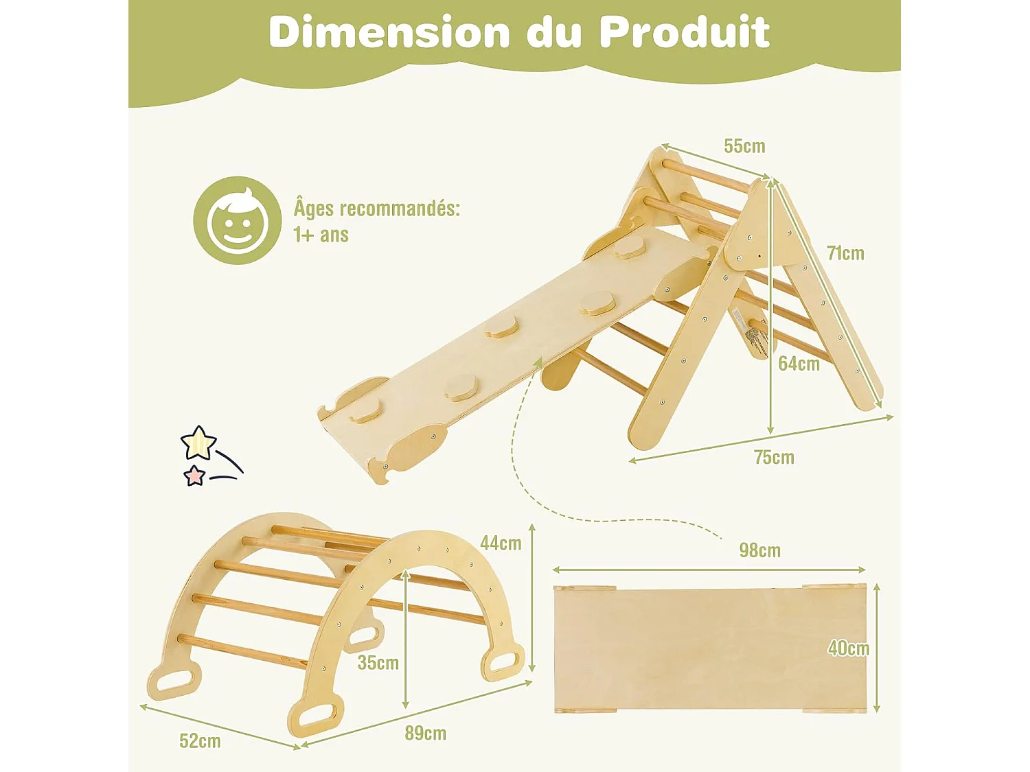7 en 1 Triangle d'escalade Enfants avec Rampe Réversible, Arc d'escalade ou Bascule en Bois de Hêtre, Charge Max 50KG pour Glisser ou Grimper pour Bébé de 1 an+, Naturel