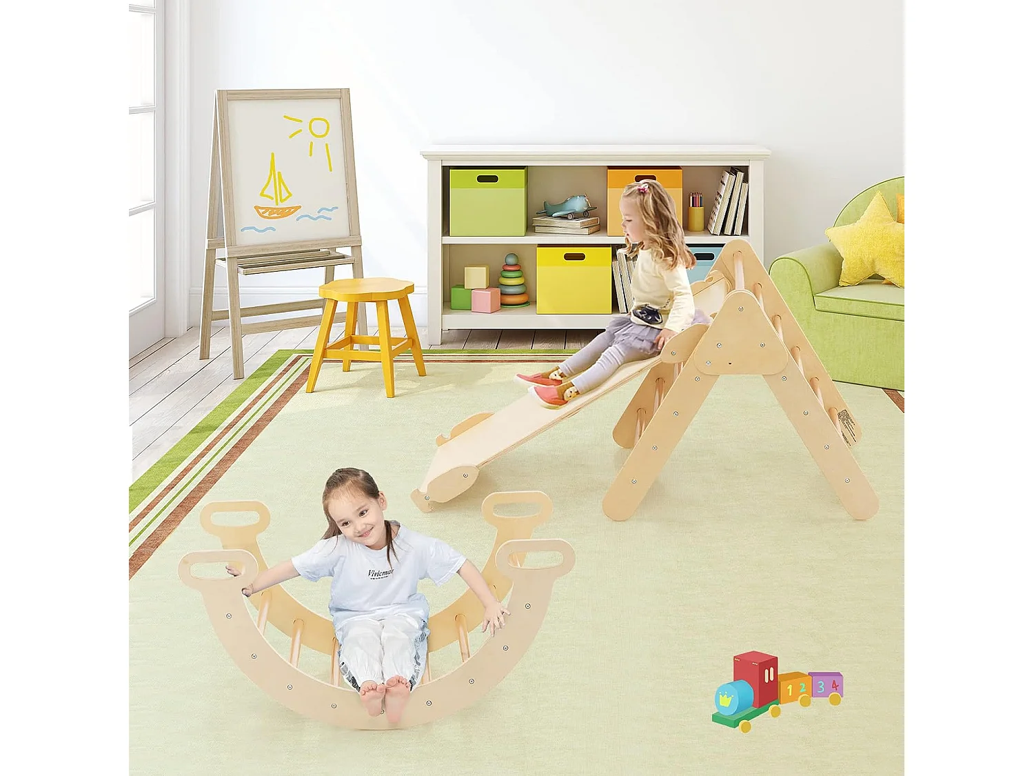 7 en 1 Triangle d'escalade Enfants avec Rampe Réversible, Arc d'escalade ou Bascule en Bois de Hêtre, Charge Max 50KG pour Glisser ou Grimper pour Bébé de 1 an+, Naturel