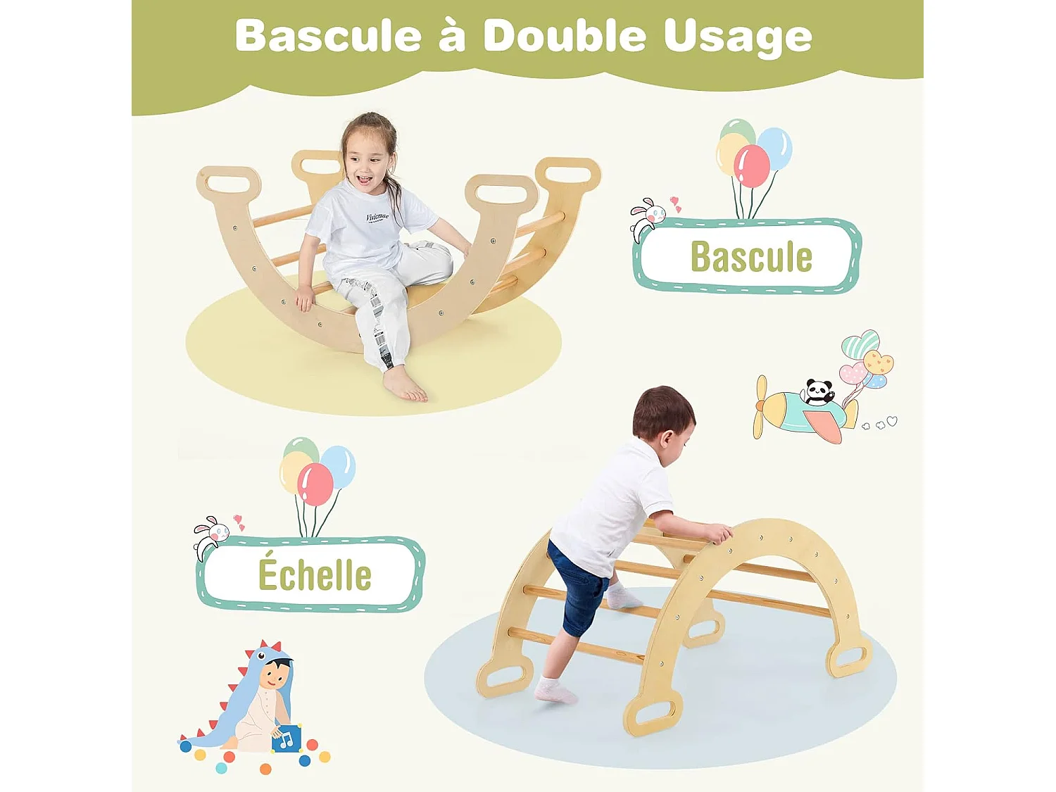7 en 1 Triangle d'escalade Enfants avec Rampe Réversible, Arc d'escalade ou Bascule en Bois de Hêtre, Charge Max 50KG pour Glisser ou Grimper pour Bébé de 1 an+, Naturel