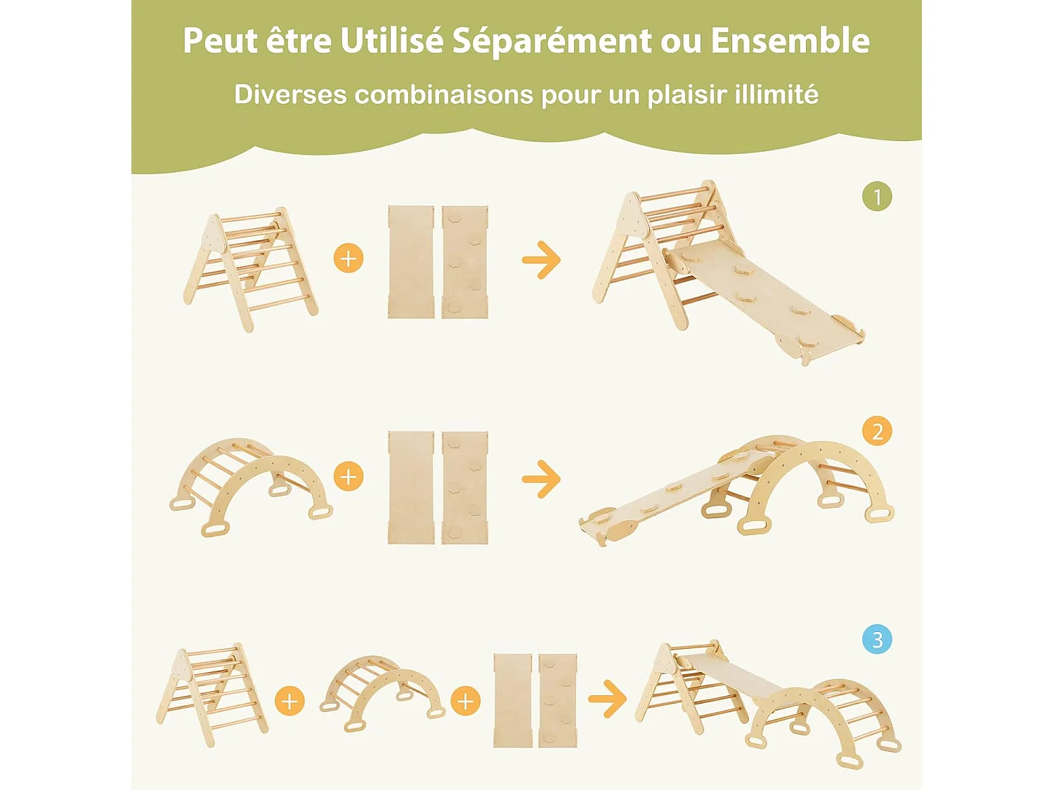 7 en 1 Triangle d'escalade Enfants avec Rampe Réversible, Arc d'escalade ou Bascule en Bois de Hêtre,Charge Max 50KG pour Glisser ou Grimper pour Bébé de 1 an+