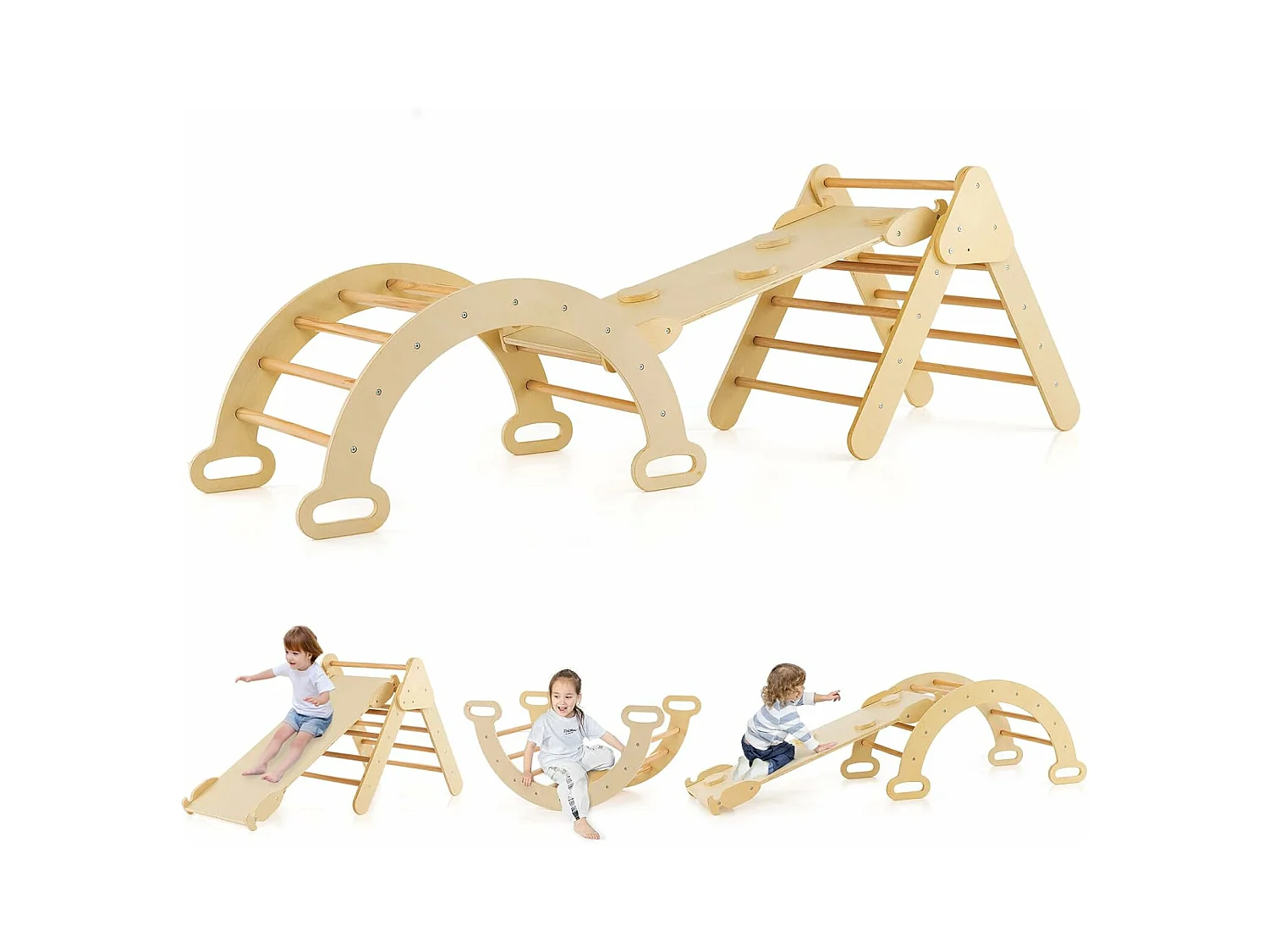 7 en 1 Triangle d'escalade Enfants avec Rampe Réversible, Arc d'escalade ou Bascule en Bois de Hêtre,Charge Max 50KG pour Glisser ou Grimper pour Bébé de 1 an+