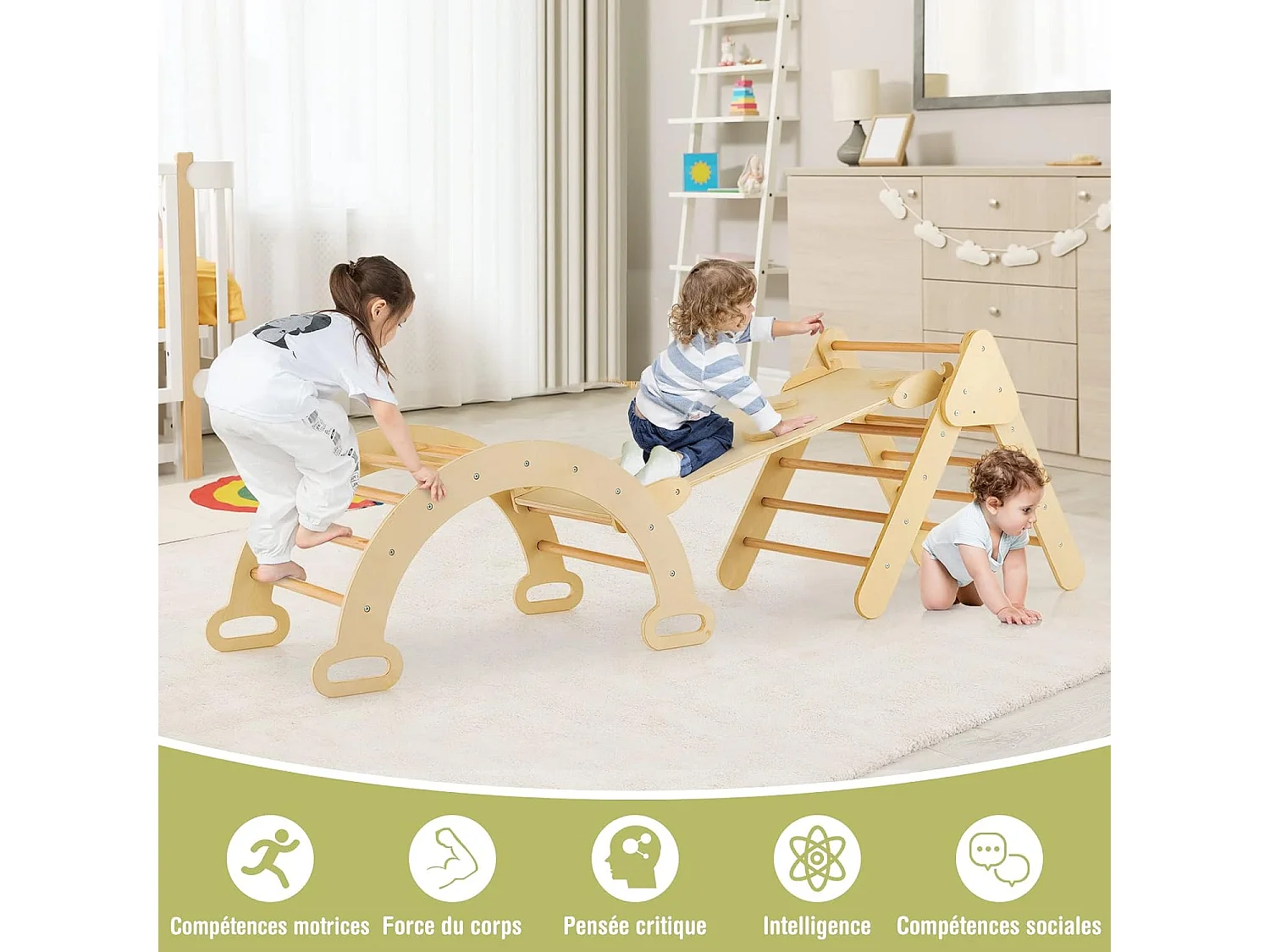 7 en 1 Triangle d'escalade Enfants avec Rampe Réversible, Arc d'escalade ou Bascule en Bois de Hêtre,Charge Max 50KG pour Glisser ou Grimper pour Bébé de 1 an+