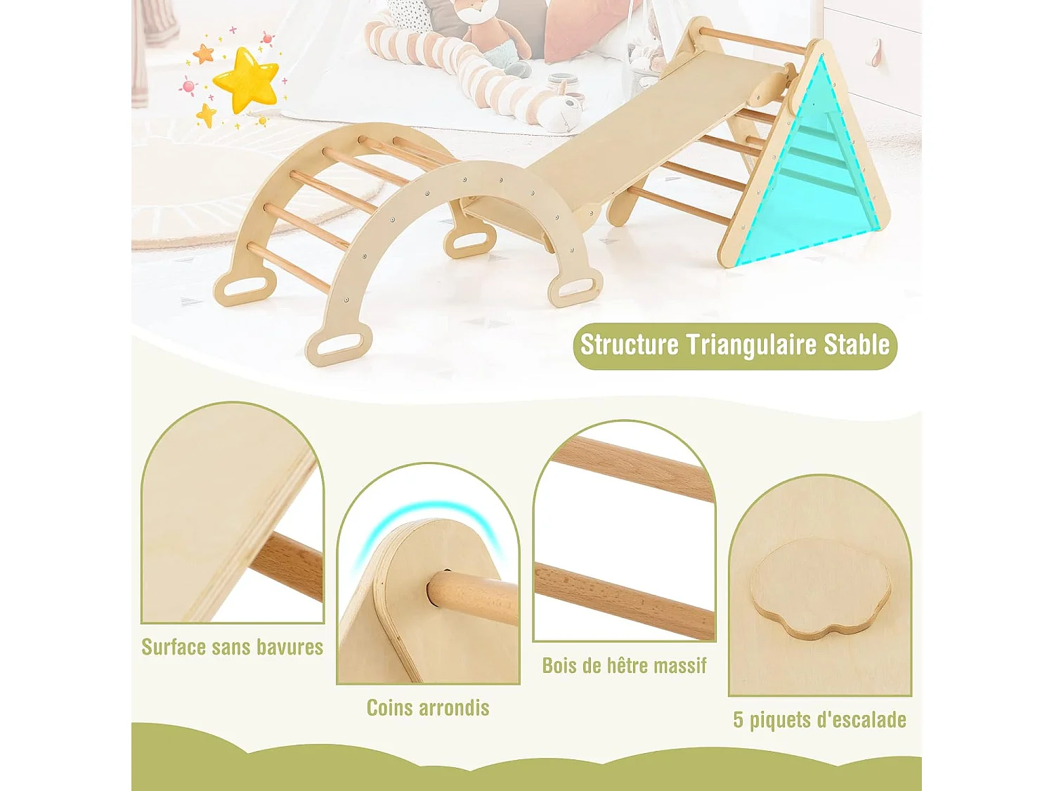 7 en 1 Triangle d'escalade Enfants avec Rampe Réversible, Arc d'escalade ou Bascule en Bois de Hêtre,Charge Max 50KG pour Glisser ou Grimper pour Bébé de 1 an+