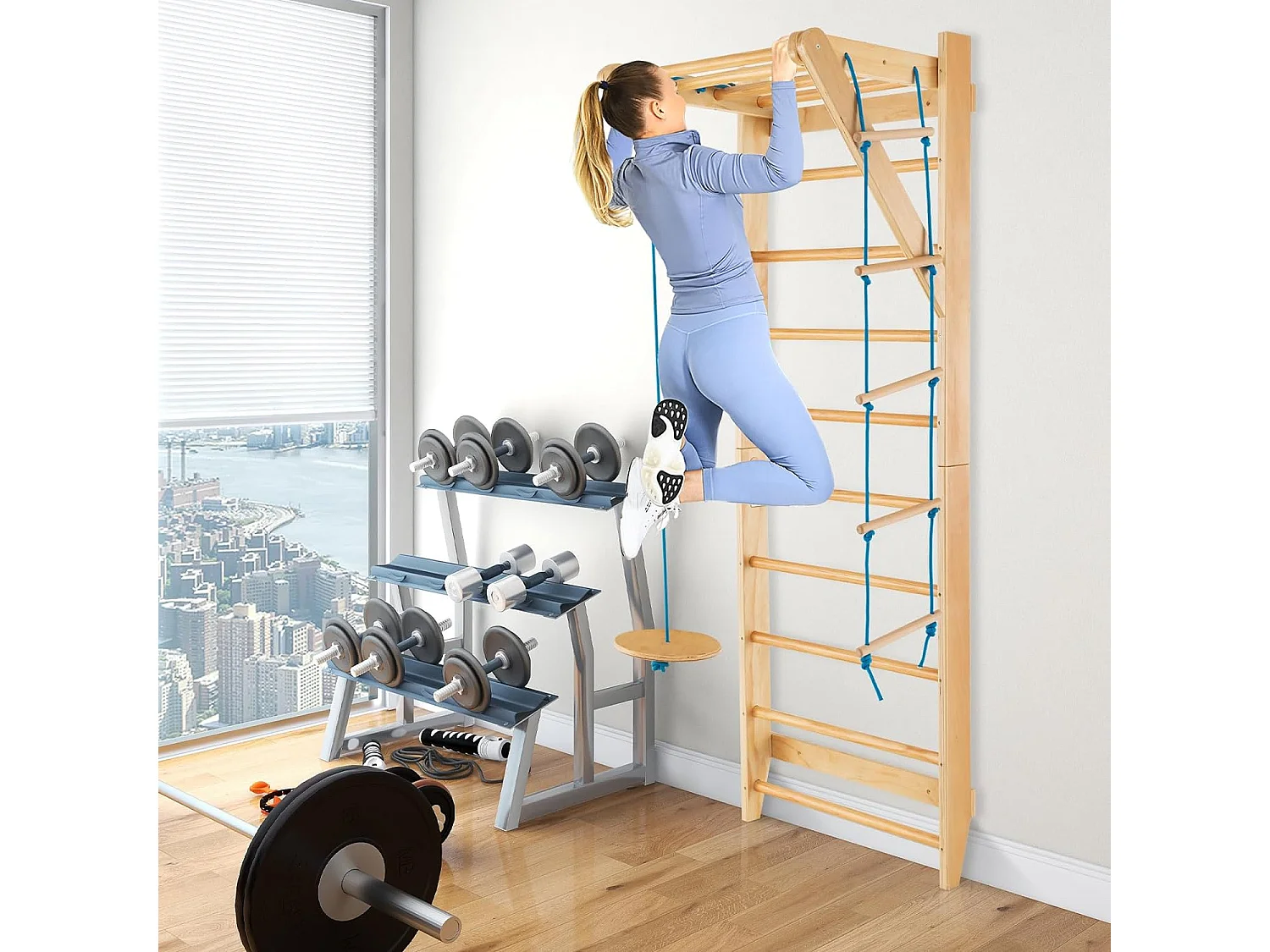 Espalier Suédois en Bois avec Charge Max 100KG pour Adultes, Échelle de Gym Multifonctionnel avec Barre de Traction Amovible Trapèze Rond, pour Maison Salles de Sport