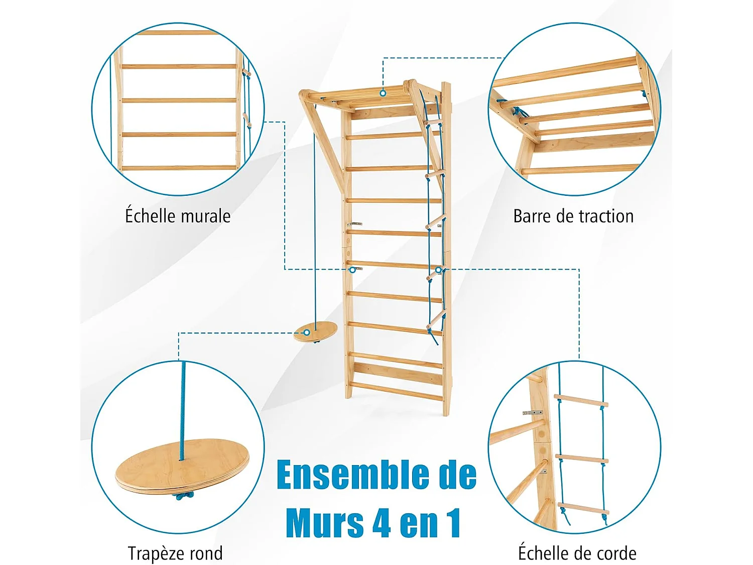 Espalier Suédois en Bois avec Charge Max 100KG pour Adultes, Échelle de Gym Multifonctionnel avec Barre de Traction Amovible Trapèze Rond, pour Maison Salles de Sport