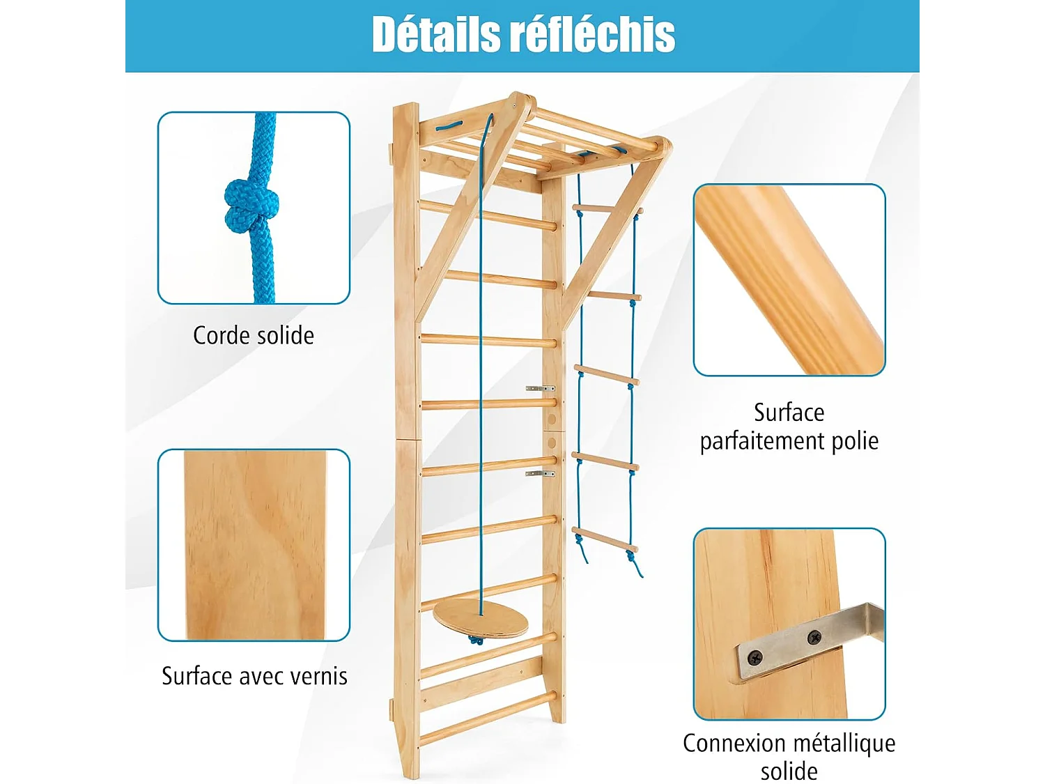 Espalier Suédois en Bois avec Charge Max 100KG pour Adultes, Échelle de Gym Multifonctionnel avec Barre de Traction Amovible Trapèze Rond, pour Maison Salles de Sport