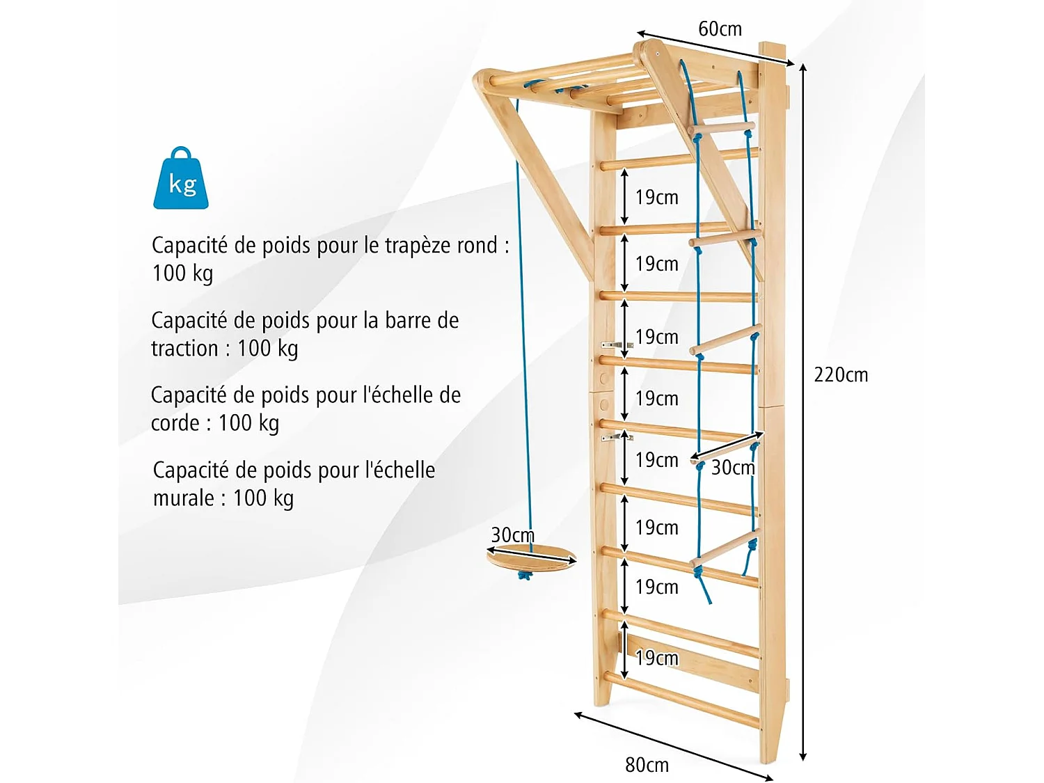 Espalier Suédois en Bois avec Charge Max 100KG pour Adultes, Échelle de Gym Multifonctionnel avec Barre de Traction Amovible Trapèze Rond, pour Maison Salles de Sport