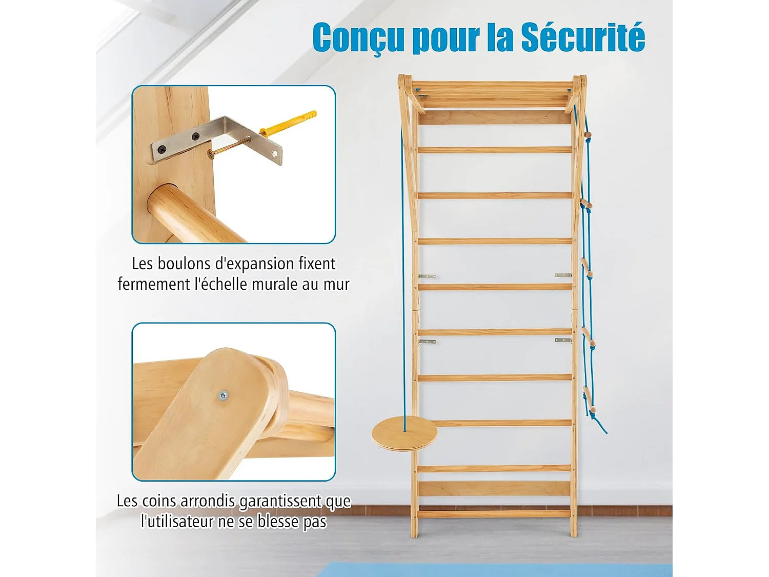 Espalier Suédois en Bois avec Charge Max 100KG pour Adultes, Échelle de Gym Multifonctionnel avec Barre de Traction Amovible Trapèze Rond, pour Maison Salles de Sport