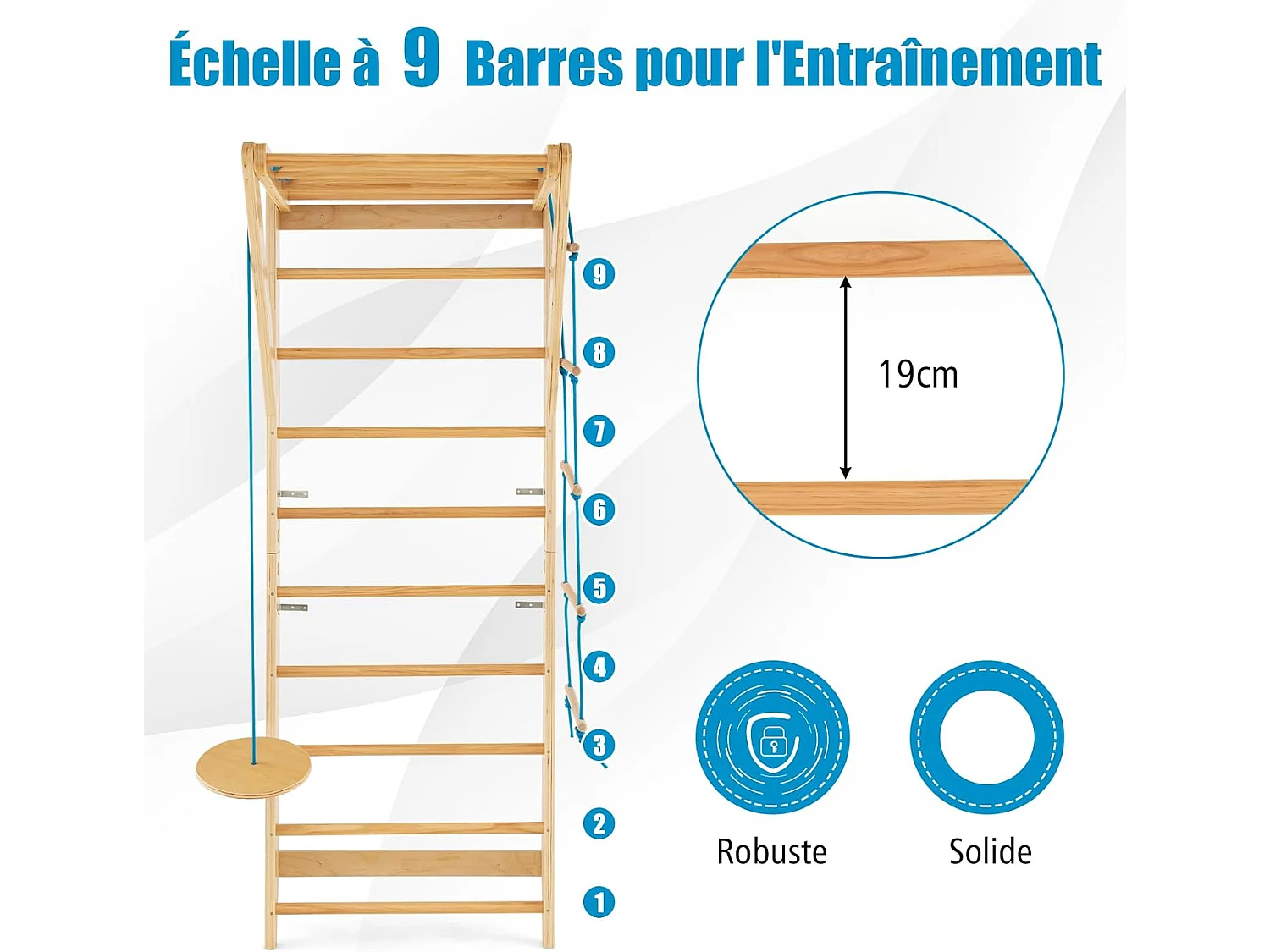 Espalier Suédois en Bois avec Charge Max 100KG pour Adultes, Échelle de Gym Multifonctionnel avec Barre de Traction Amovible Trapèze Rond, pour Maison Salles de Sport