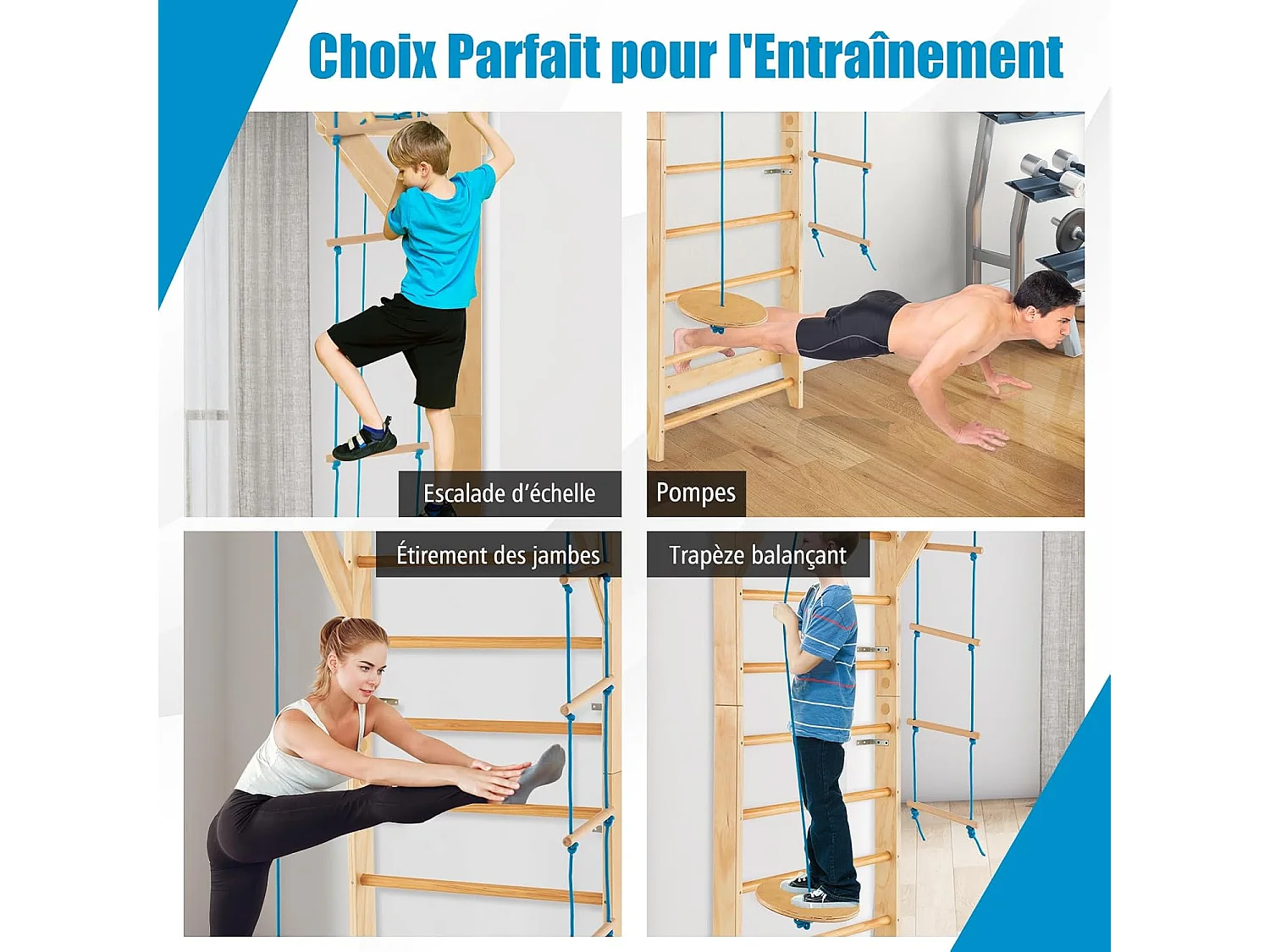 Espalier Suédois en Bois avec Charge Max 100KG pour Adultes, Échelle de Gym Multifonctionnel avec Barre de Traction Amovible Trapèze Rond, pour Maison Salles de Sport
