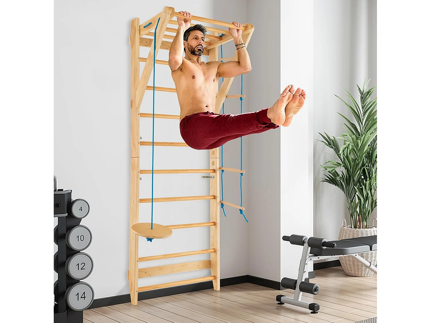 Espalier Suédois en Bois avec Charge Max 100KG pour Adultes, Échelle de Gym Multifonctionnel avec Barre de Traction Amovible Trapèze Rond, pour Maison Salles de Sport