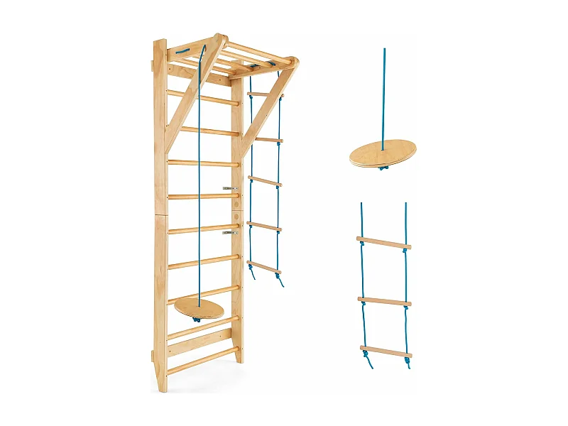 Espalier Suédois en Bois avec Charge Max 100KG pour Adultes, Échelle de Gym Multifonctionnel avec Barre de Traction Amovible Trapèze Rond, pour Maison Salles de Sport