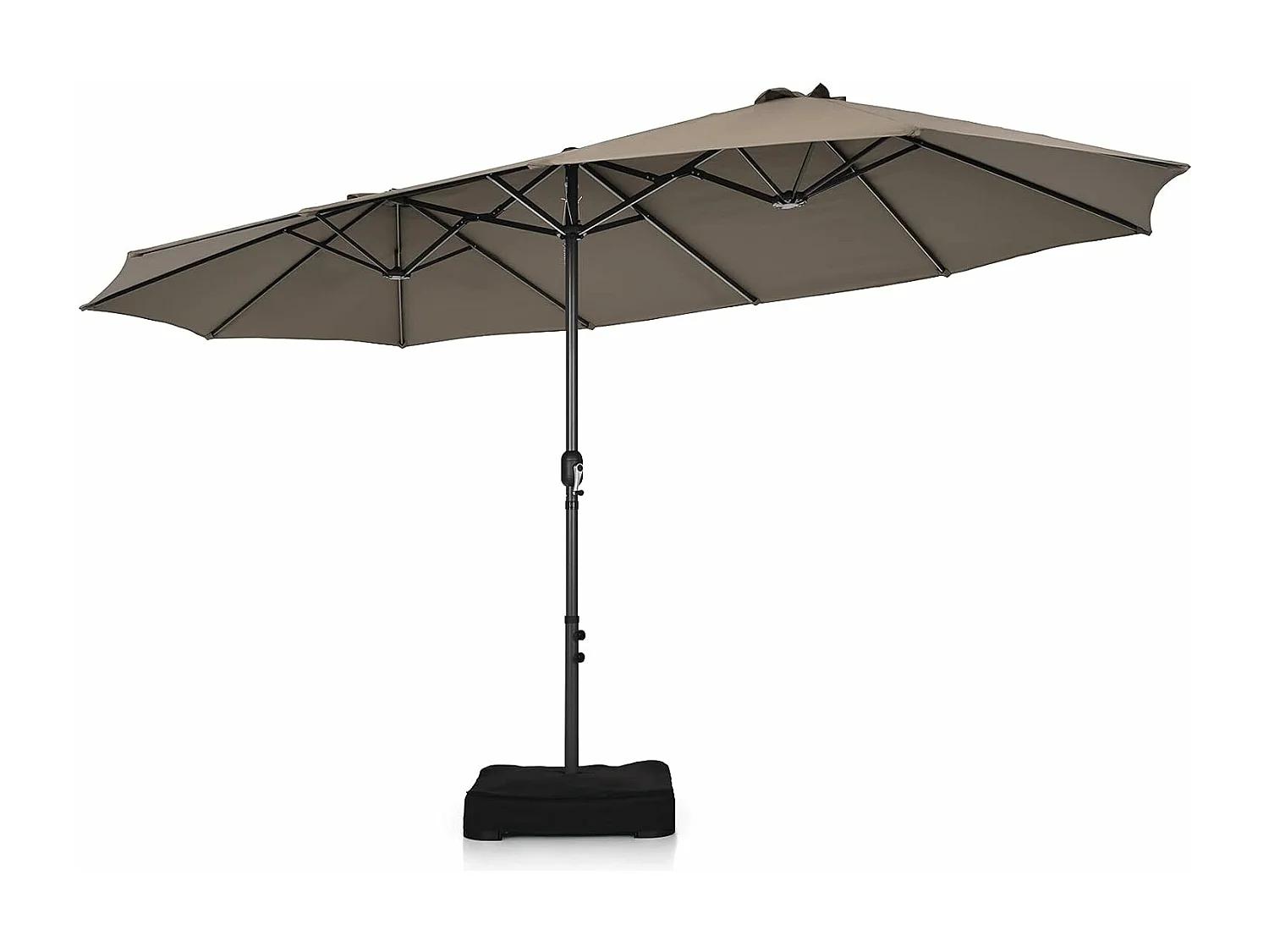 Parasol de Jardin Double XXL 460x270 CM Base en Croix Renforcée 2 Sacs de Sable Manivelle Poteau Métal Toile Polyester café